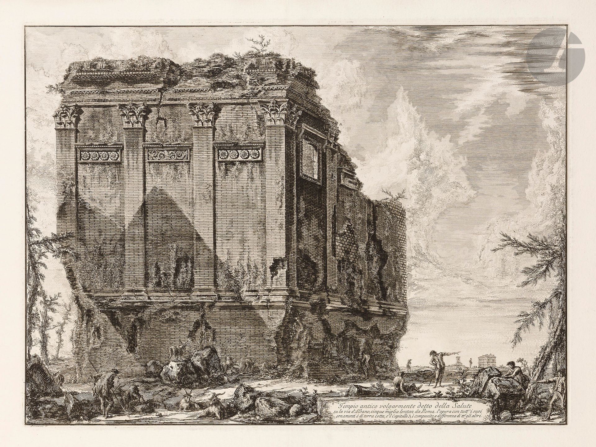 Giambattista Piranesi (1720-1778)
Tempio antico volgarmente detto della Salute… (Temple dit de la Santé). (Pl. des Vedute di Roma). 1763. Eau-forte et burin. 560 x 415. Hind 71. Très belle épreuve sur vergé blanc fort, du 1er état (sur 4), avant de nouveaux travaux. Pli vertical médian normal. Légères rousseurs et traces claires d’oxydation. Empoussiérage aux bords. Trous de reliure au bord gauche. Toutes marges (les bords légèrement déchiquetés). Tirage romain. 

Provenance :  Michel Romand (1929-2013), arrière-petit-fils d’Edmond Sagot (1857-1917).