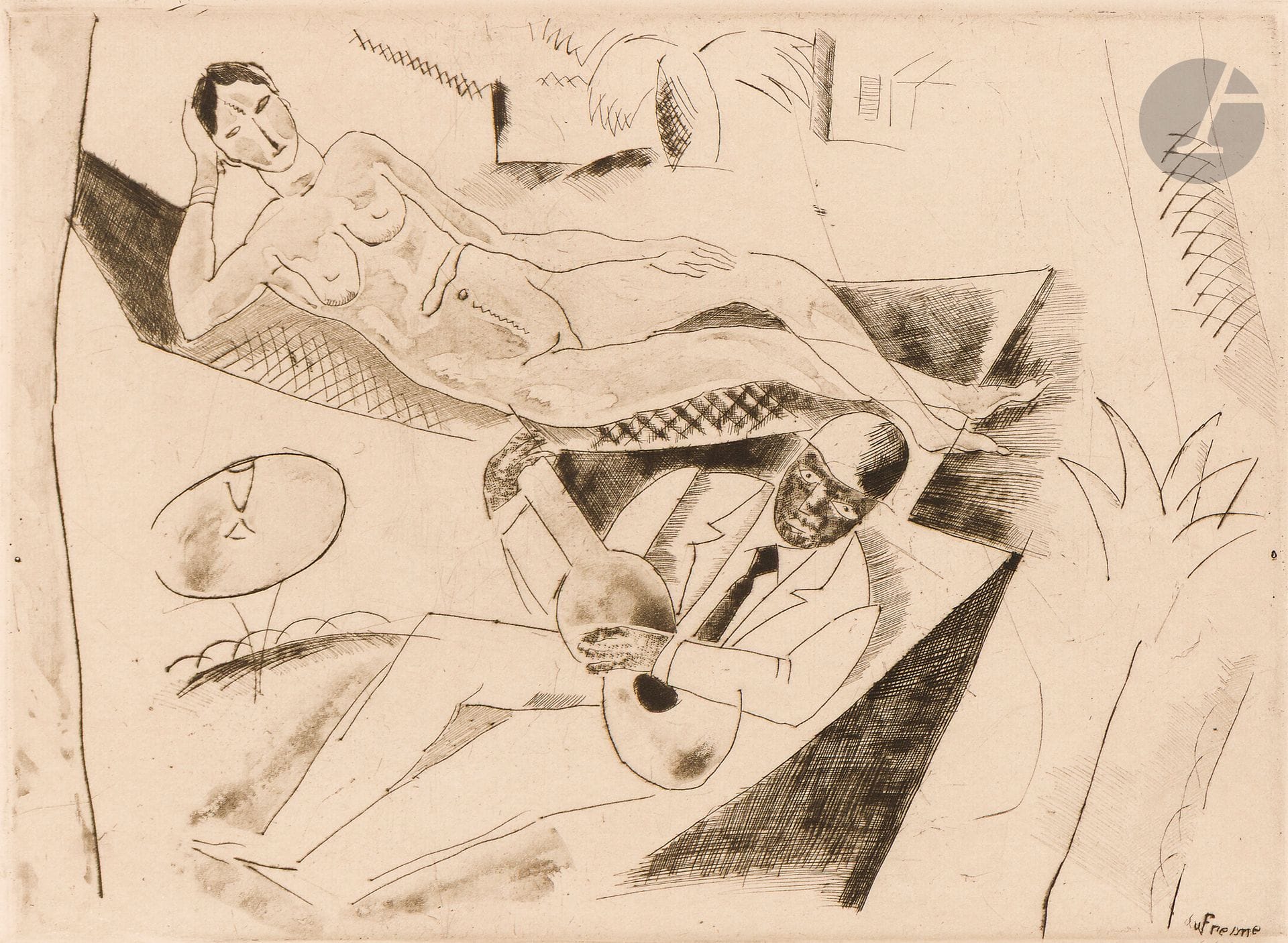Charles Dufresne (1876-1938)
Le Banjo, ou Musique nègre. Vers 1921. Pointe sèche, roulette et lavis d’acide. 325 x 240. Dufresne 38. Très belle épreuve sur vergé crème, numérotée et signée au crayon. Pli oblique en marge gauche. Toutes marges. Tirage à 20 épreuves. Timbre sec : Ed. Sagot éd. Paris (Lugt 2254).  

Provenance :  Michel Romand (1929-2013), arrière-petit-fils d’Edmond Sagot (1857-1917).