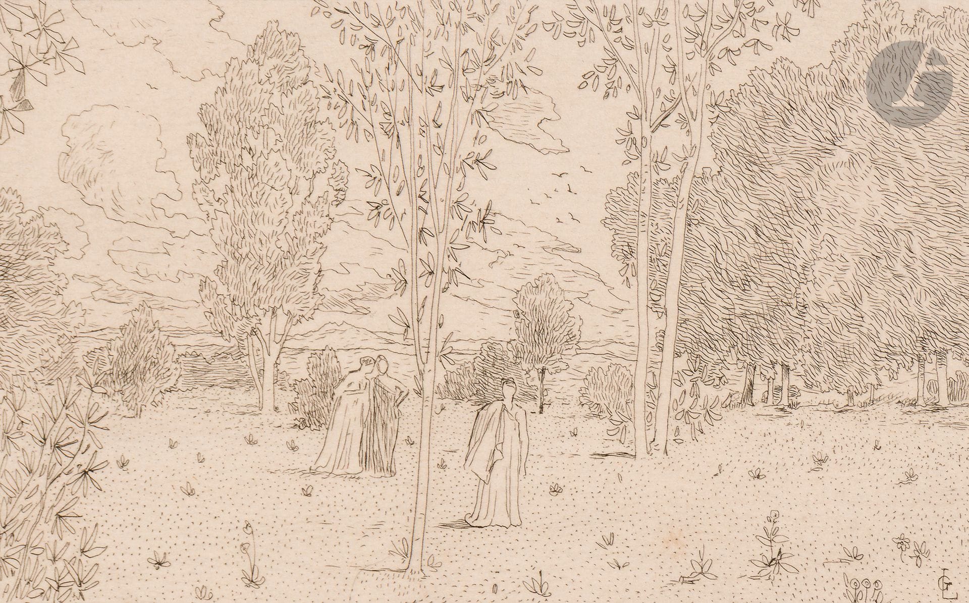 Gaston de Latenay (1859-1943)
Paysages (Boulogne-sur-Mer et environs, château de Versailles). Eau-forte ; pointe sèche. Formats divers. Belles épreuves sur différents papiers, certaines signées au crayon. Une annotée « 1er essai d’eau-forte », deux largement reprises au crayon. Quelques rousseurs claires et menues salissures. Toutes marges. Joint : 2 dessins. Ens. 19 p.