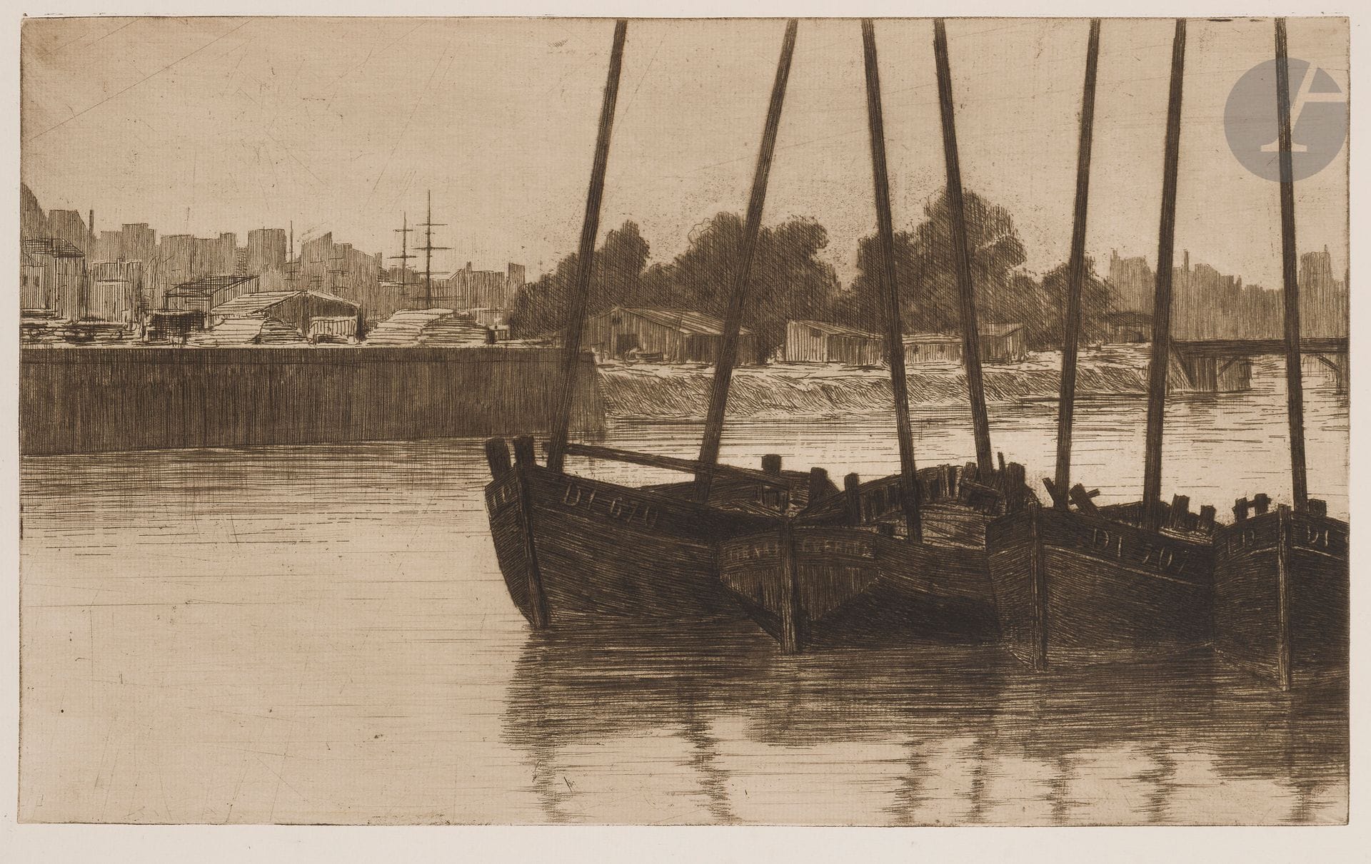 Henri Guérard (1846-1897)
La Retenue (Dieppe). Avant 1888. Eau-forte et roulette. 476 x 290. Beraldi 443 ; Bertin 213. Très belle épreuve tirée en noir bistré sur vergé crème. Toutes marges.