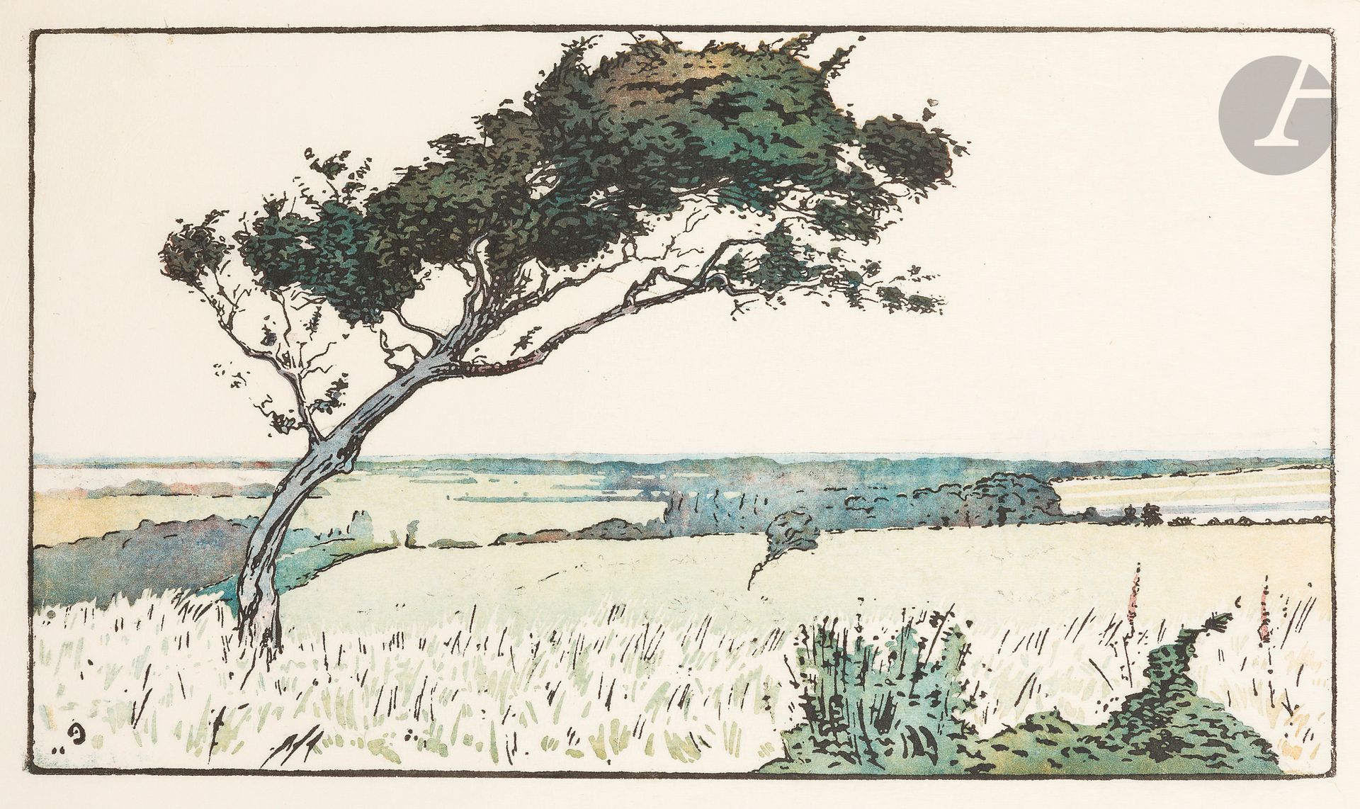 Amédée Joyau (1872-1913)
Donville, le grand dvise, ou Arbre isolé. 1906. Bois gravé. 376 x 217. Curtis 61. Impression en couleurs. Très belle épreuve sur japon pelure. Toutes marges. Tirage à 50 épreuves.  

Provenance :  Michel Romand (1929-2013), arrière-petit-fils d’Edmond Sagot (1857-1917).