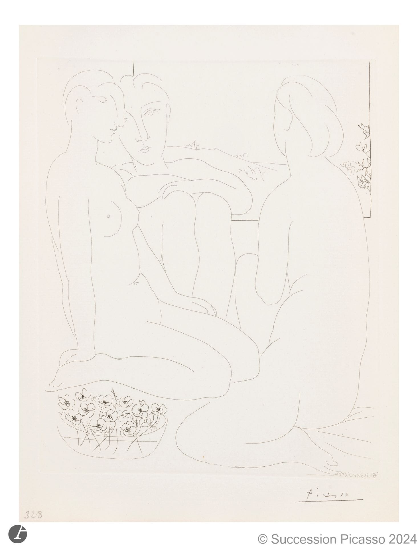 Pablo Picasso (1881-1973)
Three Nude Women and a Cup of Anemones. (Suite Vollard, pl. 67). April 6, 1933. Etching. 367 x 298 [340 x 445]. Bloch 176; Baer 329 B d. A very fine, fresh proof on Montval laid paper, watermarked "Picasso", from an edition of 260 small-margin proofs, signed in pencil. A tiny spot of rust in the knee of the right-hand figure. Number 328 in the hand of H. M. Petiet in pencil in the lower left corner. All margins untrimmed. 

Provenance: Ambroise Vollard (1866-1939) then H. M. Petiet (1894-1980).