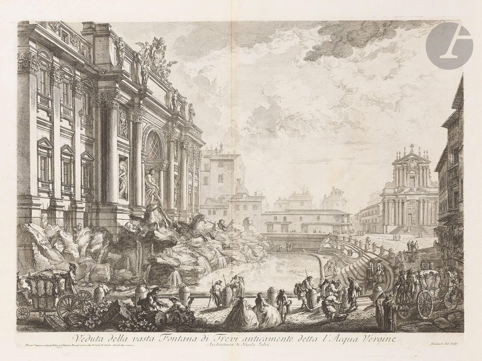 Giambattista Piranesi (1720-1778)
Veduta della vasta Fontana di Trevi, anticamente detta l’Acqua Vergine (Fontaine de Trevi). (Pl. des Vedute di Roma). 1751. Eau-forte et burin. 548 x 402. Hind 19. Très belle épreuve sur vergé blanc fort, du 4e état (sur 7), avant effaçage du prix et avant le numéro en haut à droite. Pli vertical médian normal, consolidé au verso, avec oxydation transparaissant au recto. Légères rousseurs et traces claires d’oxydation. Toutes marges. Tirage romain. 

Provenance :  Michel Romand (1929-2013), arrière-petit-fils d’Edmond Sagot (1857-1917).