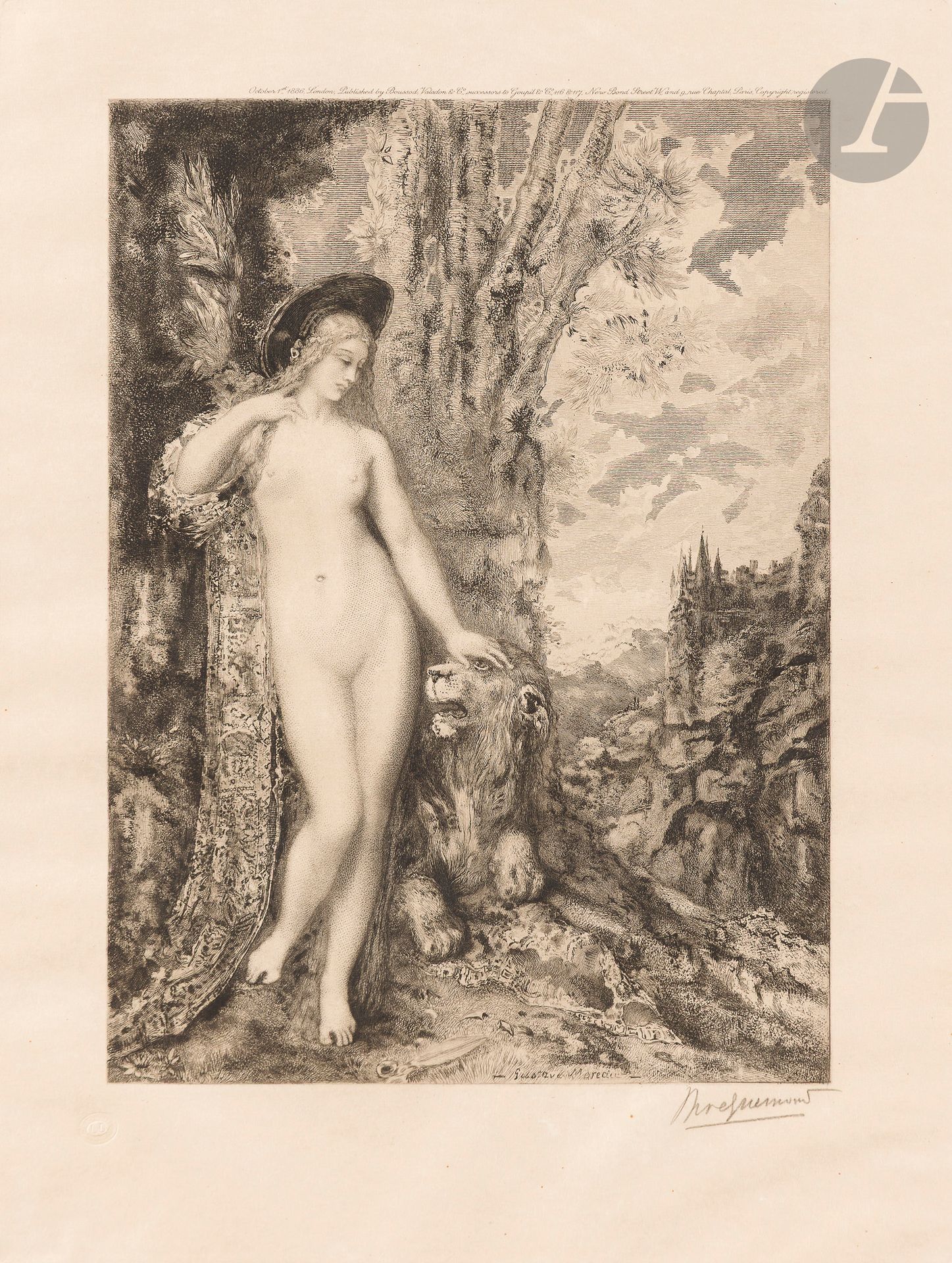 Félix Bracquemond (1833-1914)
Le Lion amoureux. (Pl. pour une suite de 6 sujets pour les Fables de La Fontaine). 1886. Eau-forte d’après Gustave Moreau. 260 x 345. Beraldi 757. Très belle épreuve sur simili-japon, signée au crayon et revêtue du timbre sec. Légère oxydation, petites rousseurs et accrocs au bord gauche du feuillet. Belles marges. Boussod-Valadon and Co., éd.