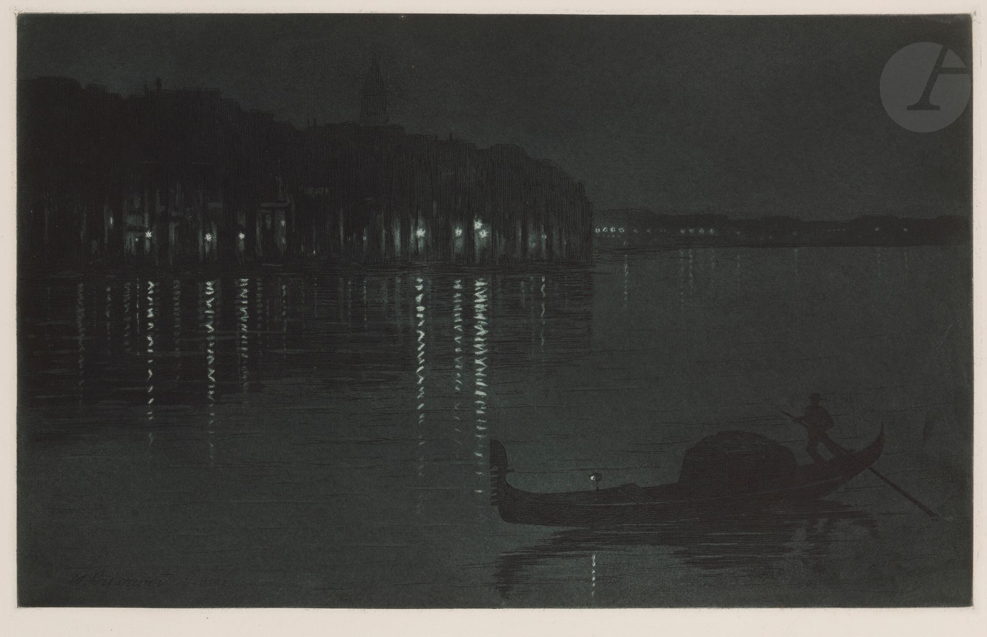 Henri Guérard (1846-1897)
L’Entrée du Grand Canal, près de la Piazzetta (effet de nuit). Avant 1891. Eau-forte et aquatinte (d’après un tableau de l’artiste). 475 x 295. Bertin 210. Très belle épreuve tirée en bleu nuit sur vergé crème. Fine trace d’oxydation et quelques rousseurs aux bords. Toutes marges.