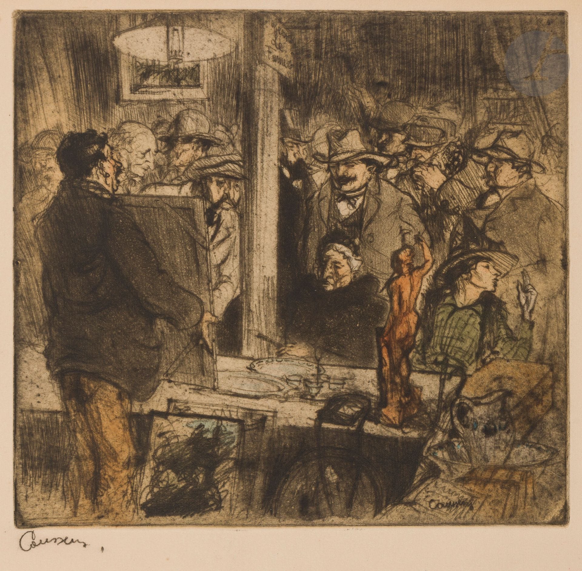 Armand Coussens (1881-1935)
La Vente aux enchères. 1920. Vernis mou. 247 x 230. Impression en couleurs. Très belle épreuve sur vélin fort ivoire, signée au crayon. Traces d’oxydation. Toutes marges.  

Provenance :  Michel Romand (1929-2013), arrière-petit-fils d’Edmond Sagot (1857-1917).