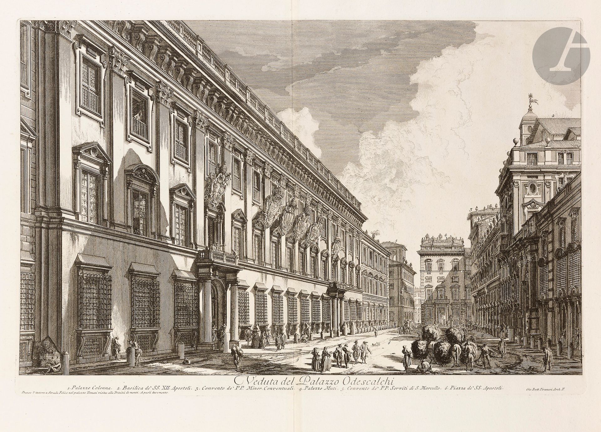 Giambattista Piranesi (1720-1778)
Veduta del Palazzo Odescalchi (Palais Odescalchi). (Pl. des Vedute di Roma). 1753. Eau-forte et burin. 618 x 405. Hind 26. Très belle épreuve sur vergé blanc fort, du 2e état (sur 5), avant effaçage du prix et avant le numéro en haut à droite. Pli vertical médian normal, consolidé au verso. Fine bande d’oxydation aux bords du feuillet. Belles marges. Tirage romain. 

Provenance :  Michel Romand (1929-2013), arrière-petit-fils d’Edmond Sagot (1857-1917).