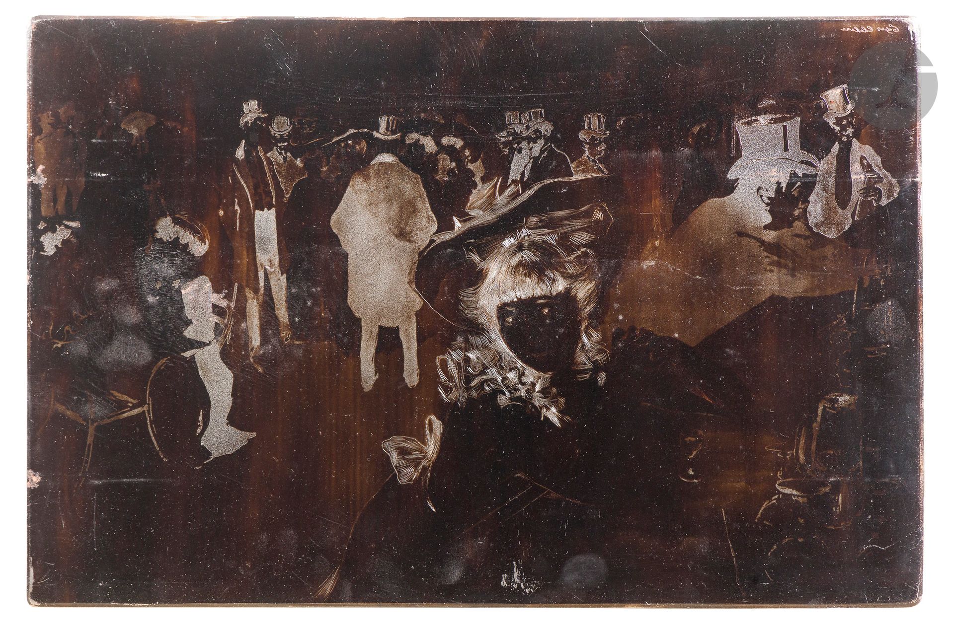 Edgar Chahine (1874-1947)
Le Promenoir. 1903. Copper engraved with drypoint and aquatint. 470 x 300, Tabanelli 110. Signed upper right in drypoint. Beveled, rounded corners. Steel-plated and varnished. Minor accidents, traces of oxidation or surface scratches. 

Provenance: Michel Romand (1929-2013), great-grandson of Edmond Sagot (1857-1917).Approximately 100 proofs were printed, including 50 on japon.