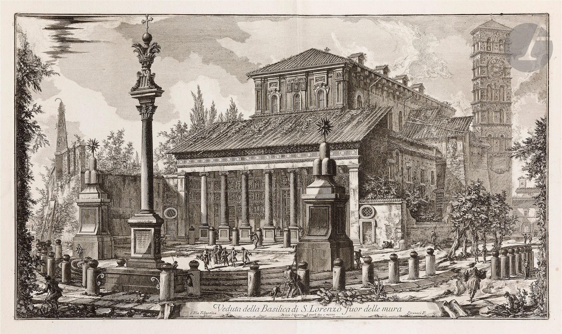 Giambattista Piranesi (1720-1778)
Veduta della Basilica di S. Lorenzo fuor delle mura (Basilique Saint-Laurent). (Pl. des Vedute di Roma). 1750. Eau-forte et burin. 655 x 375. Hind 12. Très belle épreuve sur vergé blanc fort, du 2e état (sur 5), avant effaçage du prix et avant le numéro en haut à droite. Pli vertical médian normal. Légères rousseurs et traces claires d’oxydation. Onglets de reliure le long du bord gauche. Toutes marges. Tirage romain.  

Provenance :  Michel Romand (1929-2013), arrière-petit-fils d’Edmond Sagot (1857-1917).