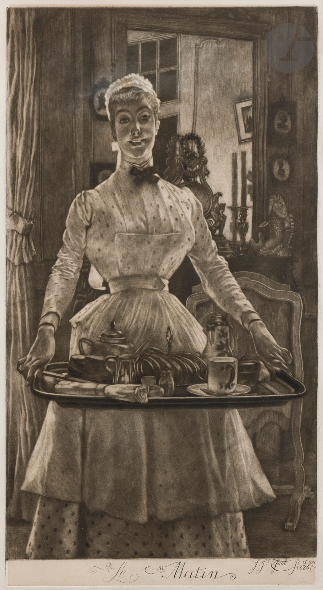 James-J.-J. Tissot (1836-1902)
Le Matin. 1886. Manière noire. 258 x 485. Wentworth 82. Très belle épreuve sur chine appliqué. Belles marges. Cadre (non examinée hors du cadre).   

Provenance : Michel Romand (1929-2013), arrière-petit-fils d’Edmond Sagot (1857-1917).