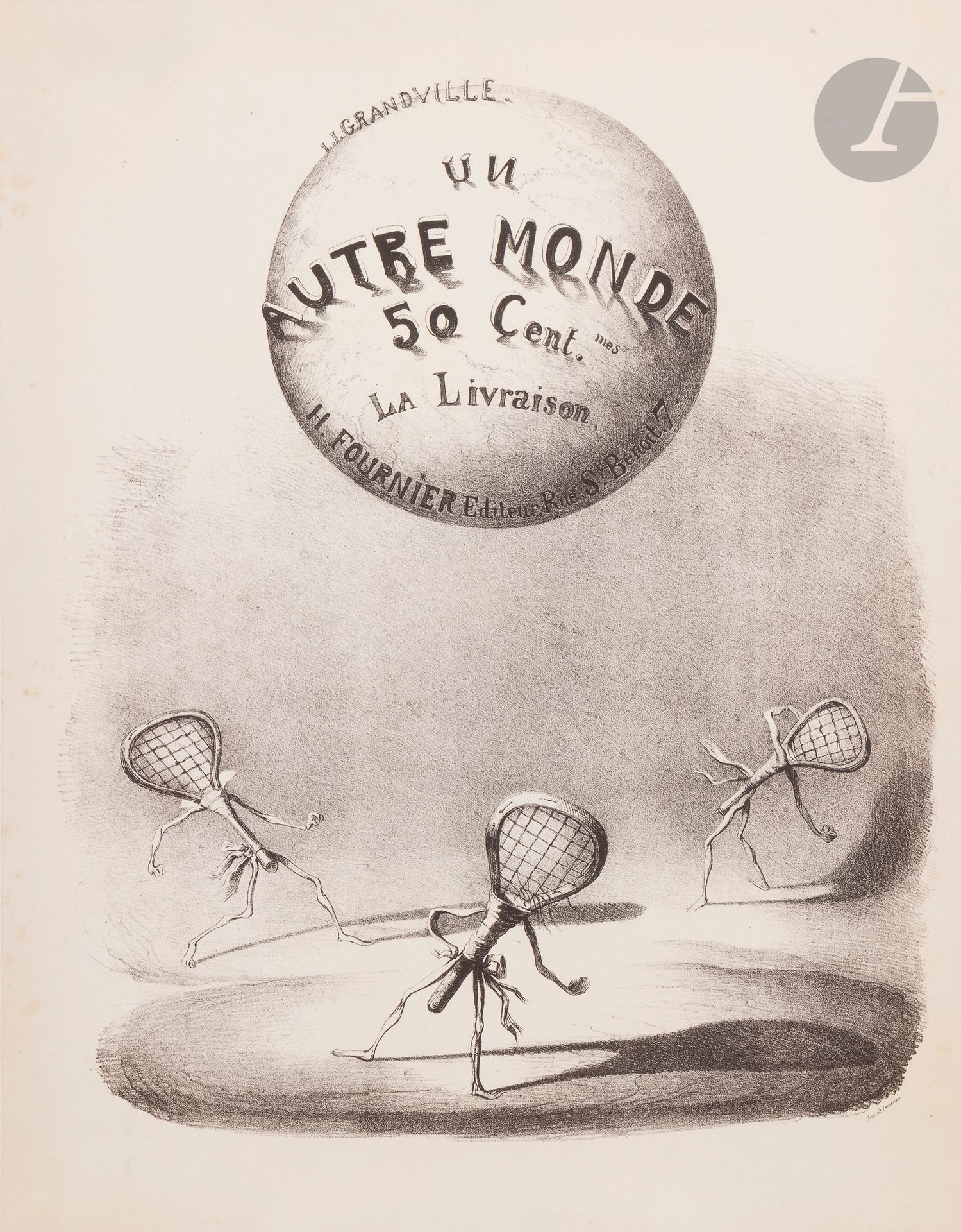 Grandville (Jean-Ignace-Isidore Gérard, dit) (1803-1847)
Un autre monde. Affiche annonçant l’ouvrage et sa parution en livraisons. 1844. Lithographie. [560 x 740]. Très belle et fraîche épreuve sur vélin mince, doublée sur vélin blanc fort et entoilée. Quelques rousseurs claires. Toutes marges.  

 « Paru en 1844 aux éditions Fournier, Un autre monde est le chef-d’œuvre de Grandville. Le livre a pour sous-titre «Transformations, visions, incarnations, ascensions, locomotions, explorations, pérégrinations, excursions, stations, cosmogonies, fantasmagories, rêveries, folâtreries, facéties, lubies, métamorphoses, zoomorphoses, lithomorphoses, métempsycoses, apothéoses et autres choses». Avec ses transformations, ses inventions et ses fantasmagories, l’ouvrage se veut le reflet d’une époque en pleine mutation. Un autre monde raconte et illustre les voyages extraordinaires de trois néo-dieux, Puff, Krackq et Hahblle. Il emmène le lecteur sur une étrange planète, au gré de l’imagination de l’artiste. «C’est bien un voyage philosophique que nous propose Grandville [...] Le lecteur, conduit sur une étrange planète imaginée par l’artiste, est convié, tel Gulliver au pays de Laputa, à un parcours parodique de ses idéaux philosophiques, scientifiques, économiques et religieux, de ses engouements, inventions et préoccupations : le romantisme, le machinisme, le socialisme, l’argent, le feuilleton, la réclame, l’anglomanie, la philanthropie, la phrénologie, etc.» (Annie Renonciat, La Vie et l’œuvre de Grandville, Paris, ACR-Vilo, 1985, p. 230).  L’ouvrage comprend 220 gravures sur bois d’après les dessins de l’artiste. Conçues par Grandville, les images ont inspiré le texte de Taxile Delord. Le livre est d’abord paru par livraisons. Les contemporains de Grandville pouvaient acheter un dessin chaque semaine ou attendre la fin de l’année pour acheter l’album complet. » (Dossier de l’exposition Grandville, un autre monde, un autre temps, Musée du Temps, Besançon, 2011-2012).   Par la suite, Grandville fut apprécié par Georges Bataille et les critiques contemporains qui virent en lui un précurseur du surréalisme.