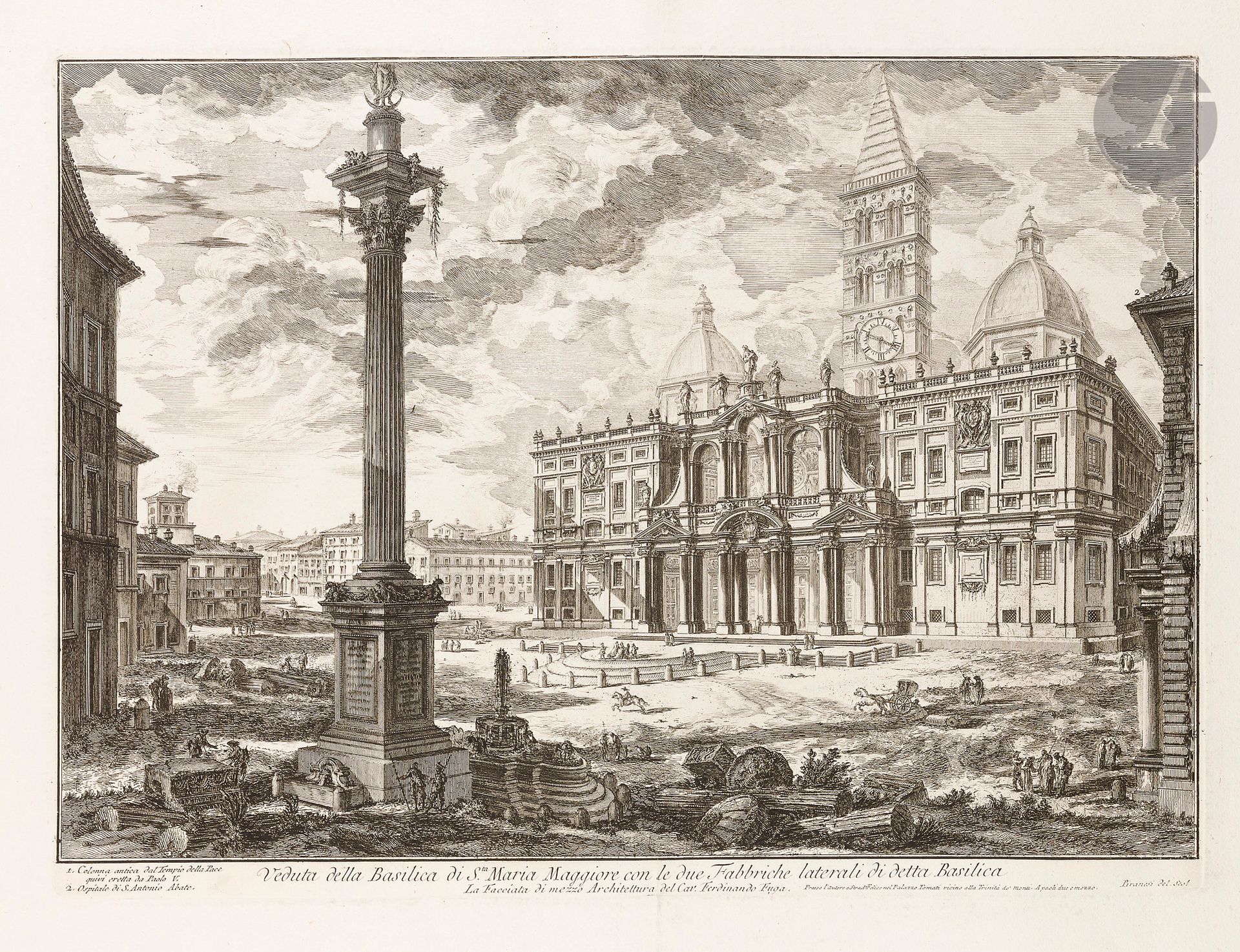 Giambattista Piranesi (1720-1778)
Veduta della Basilica di Sta Maria Maggiore con le due Fabbriche laterali di detta Basilica (Basilique Sainte-Marie Majeure). (Pl. des Vedute di Roma). 1749. Eau-forte et burin. 546 x 400. Hind 9. Très belle épreuve sur vergé blanc fort, du 3e état (sur 6), avant effaçage du prix et avant le numéro en haut à droite. Pli vertical médian normal, légèrement fracturé en pied. Légères rousseurs et traces claires d’oxydation. Empoussiérage le long du bord droit. Trous de reliure au bord gauche. Toutes marges. Tirage romain. 

Provenance :  Michel Romand (1929-2013), arrière-petit-fils d’Edmond Sagot (1857-1917).