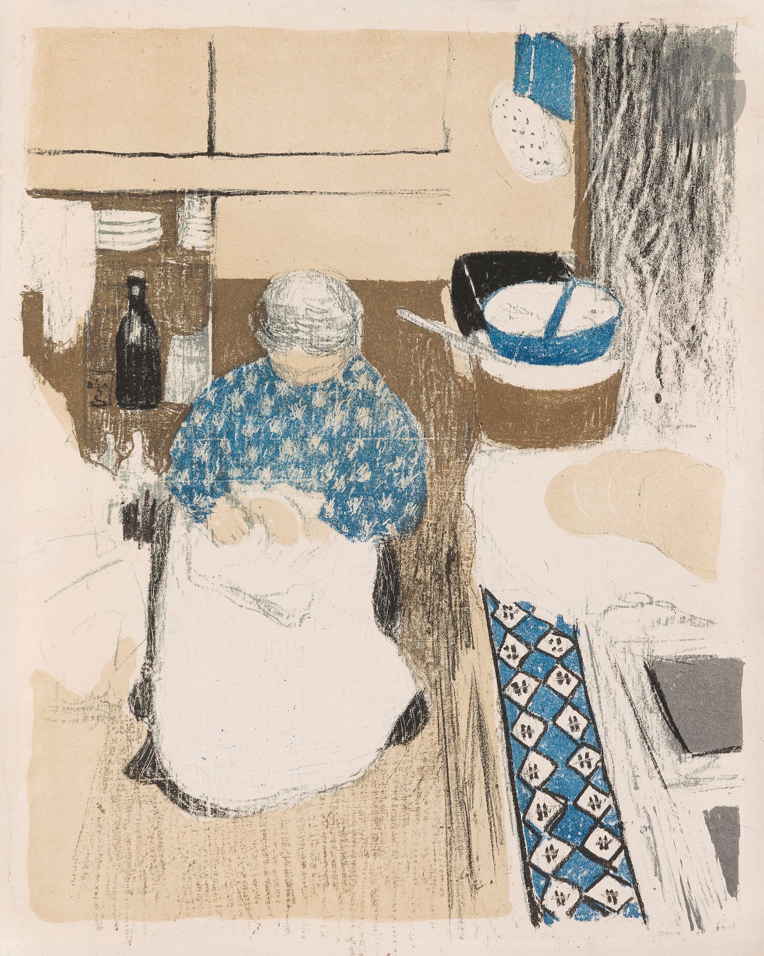 Édouard Vuillard (1868-1940)
La Cuisinière. (Pl. pour Paysages et intérieurs). 1899. Lithographie. 270 x 355. Roger-Marx 42 ; Johnson 155-11. Impression en couleurs. Belle épreuve sur chine volant. Fines restaurations aux bords latéraux du feuillet et dans l’angle supérieur droit, peu perceptibles. Reste d’onglet de montage sur le pourtour au verso. Marges réduites à 5-10 mm.