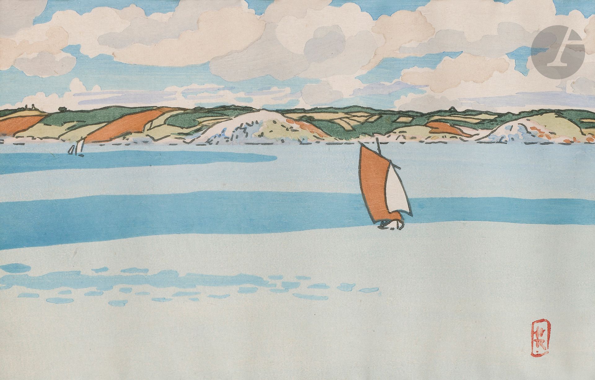 Henri Rivière (1864-1951)
Barque, baie de la Fresnaye (Saint-Cast). 1892. Bois gravé. À vue : 345 x 225. Levasseur-Le Bohec 24. Impression en couleurs à l’eau à la manière japonaise. Épreuve d’essai sur chine, avec variantes de couleurs dans les nuages, ici plus clairs, et sans le rose saumon dans le blanc des collines, revêtue dans le sujet en bas à droite du timbre rouge japonisant de l’artiste (Lugt 1362), collée par les bords sous passe-partout, avec fortes ondulations causées par le montage. Marges non apparentes. Rare. Tirage définitif à 20 épreuves.