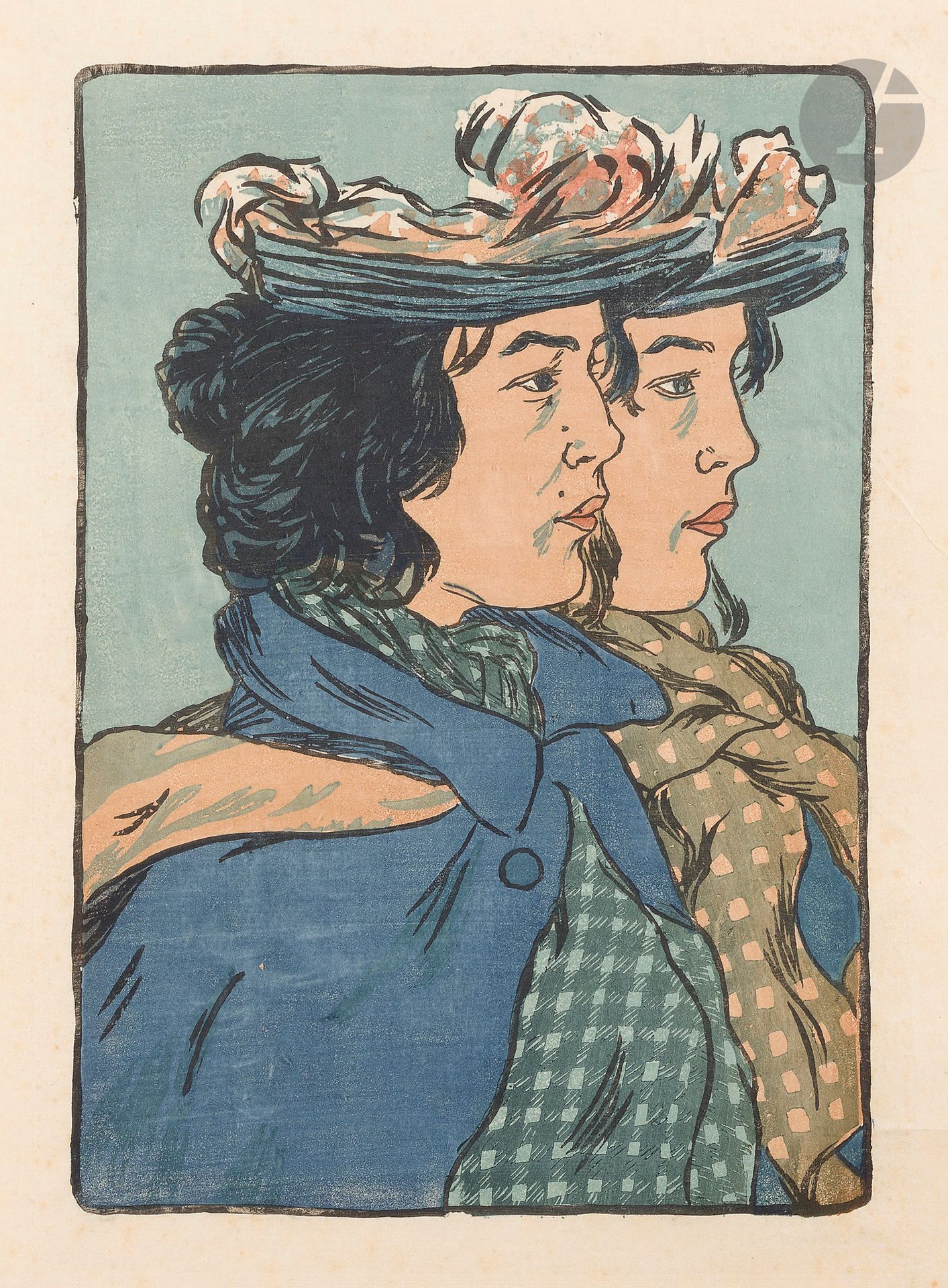 George Auriol (Jean Georges Huyot, dit) (1863-1938)
Les Sœurs jumelles. Vers 1899. Bois gravé. 243 x 355. Fields 1. Impression en couleurs. Très belle épreuve sur japon vergé mince. Quelques rousseurs claires. Toutes marges. Très rare.  

Provenance :  Michel Romand (1929-2013), arrière-petit-fils d’Edmond Sagot (1857-1917).