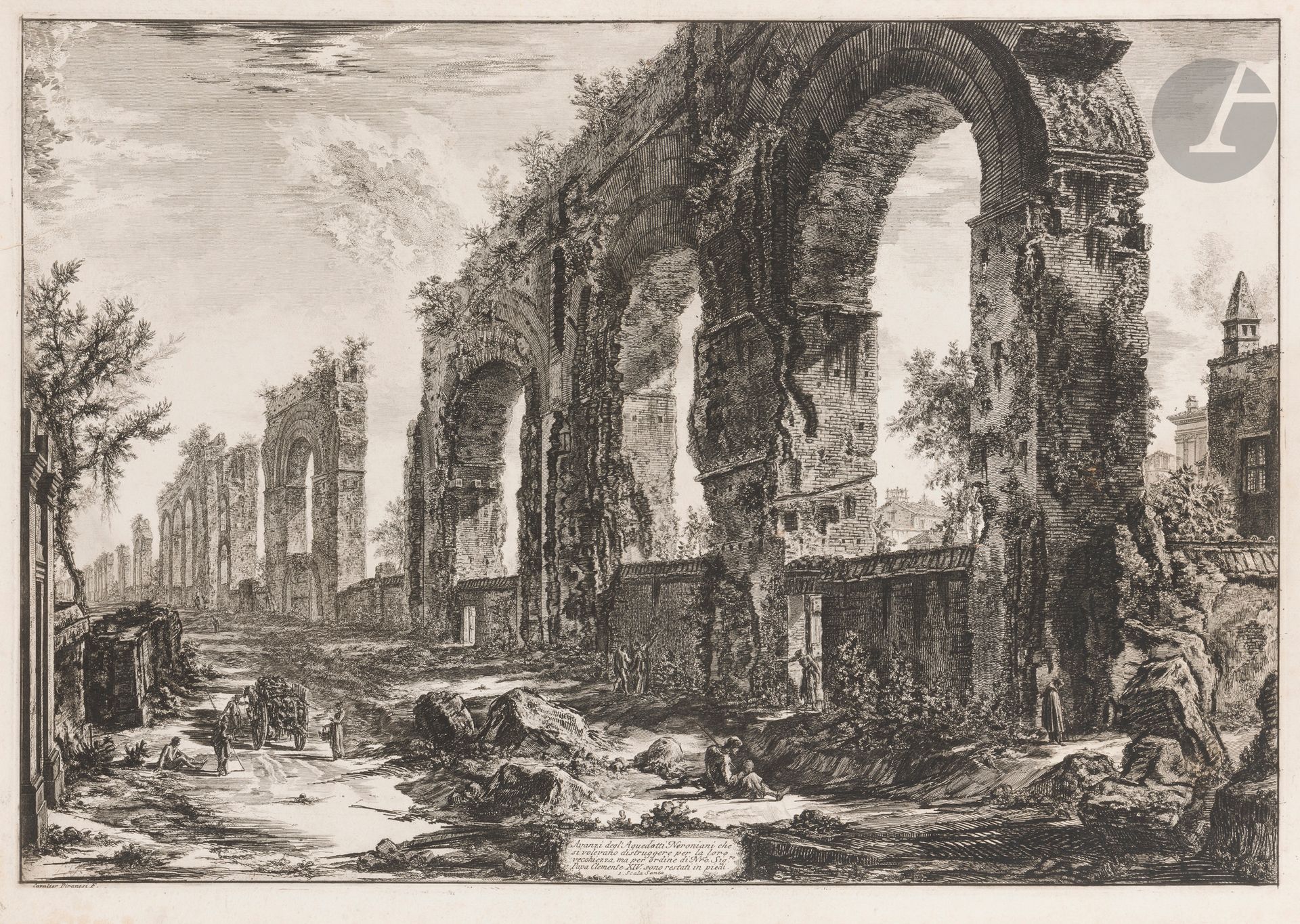 Giambattista Piranesi (1720-1778)
Avanzi degl’ Aquadotti Neroniani… (L’Aqueduc de Néron). 1775. Eau-forte et burin. 715 x 490. Hind 118. Belle épreuve sur vergé, du 1er état (sur 4), avant les numéros, collée en plein sur carton. Petites rousseurs claires éparses. Marges réduites. Tirage romain.
