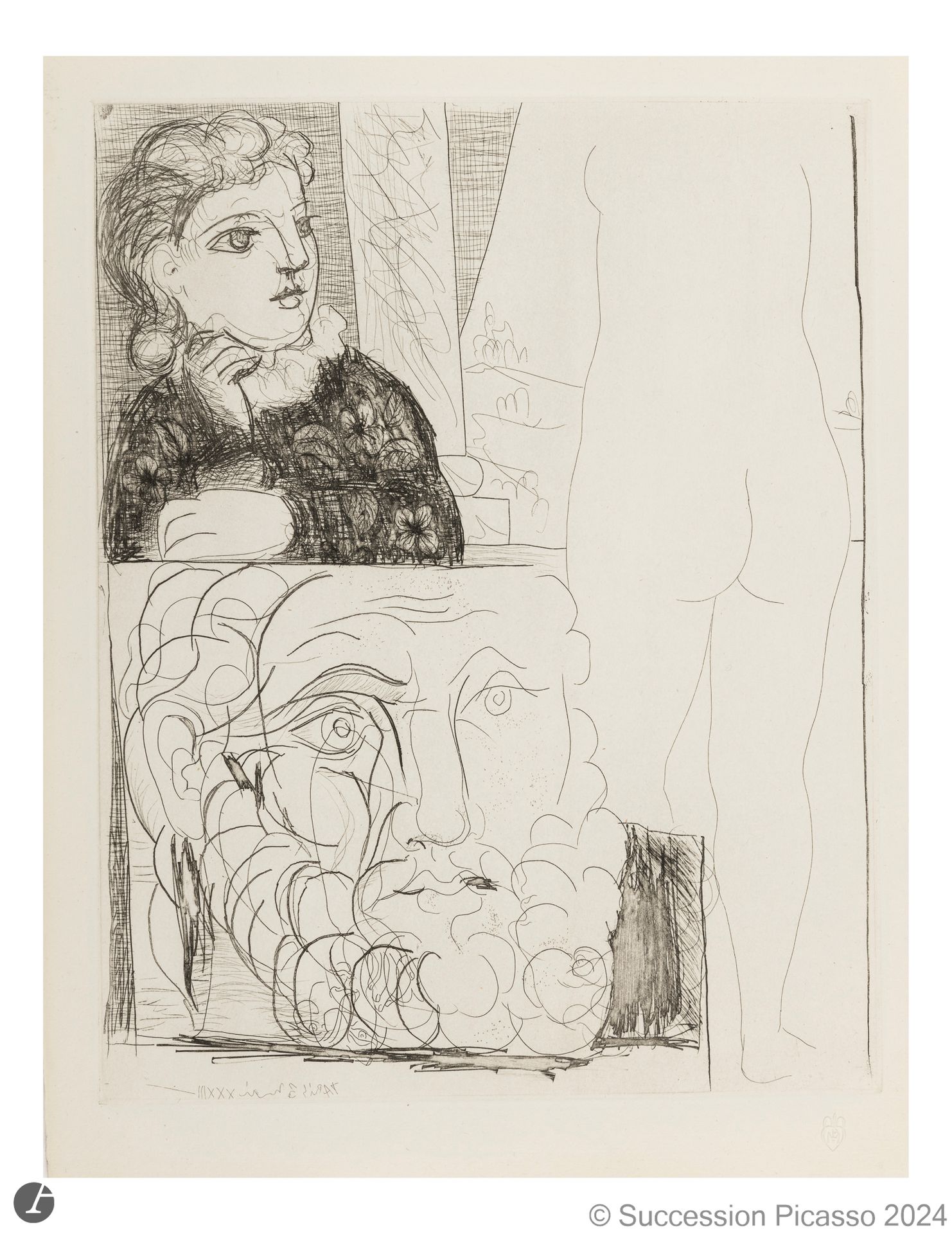 Pablo Picasso (1881-1973)
Femme accoudée, sculpture de dos et tête barbue. (Suite Vollard, pl. 71). 3 mai 1933. Eau-forte. 296 x 378 [340 x 445]. Bloch 184 ; Baer 343 B d. Parfaite épreuve sur vergé de Montval filigrané « Picasso », du tirage à 260 épreuves à petites marges, non signée. L’angle inférieur gauche légèrement corné. Infime trace d’oxydation aux bords du feuillet. Toutes marges. Timbre sec : H. M. Petiet (Lugt 5462). 

Provenance :  Ambroise Vollard (1866-1939) puis H. M. Petiet (1894-1980).