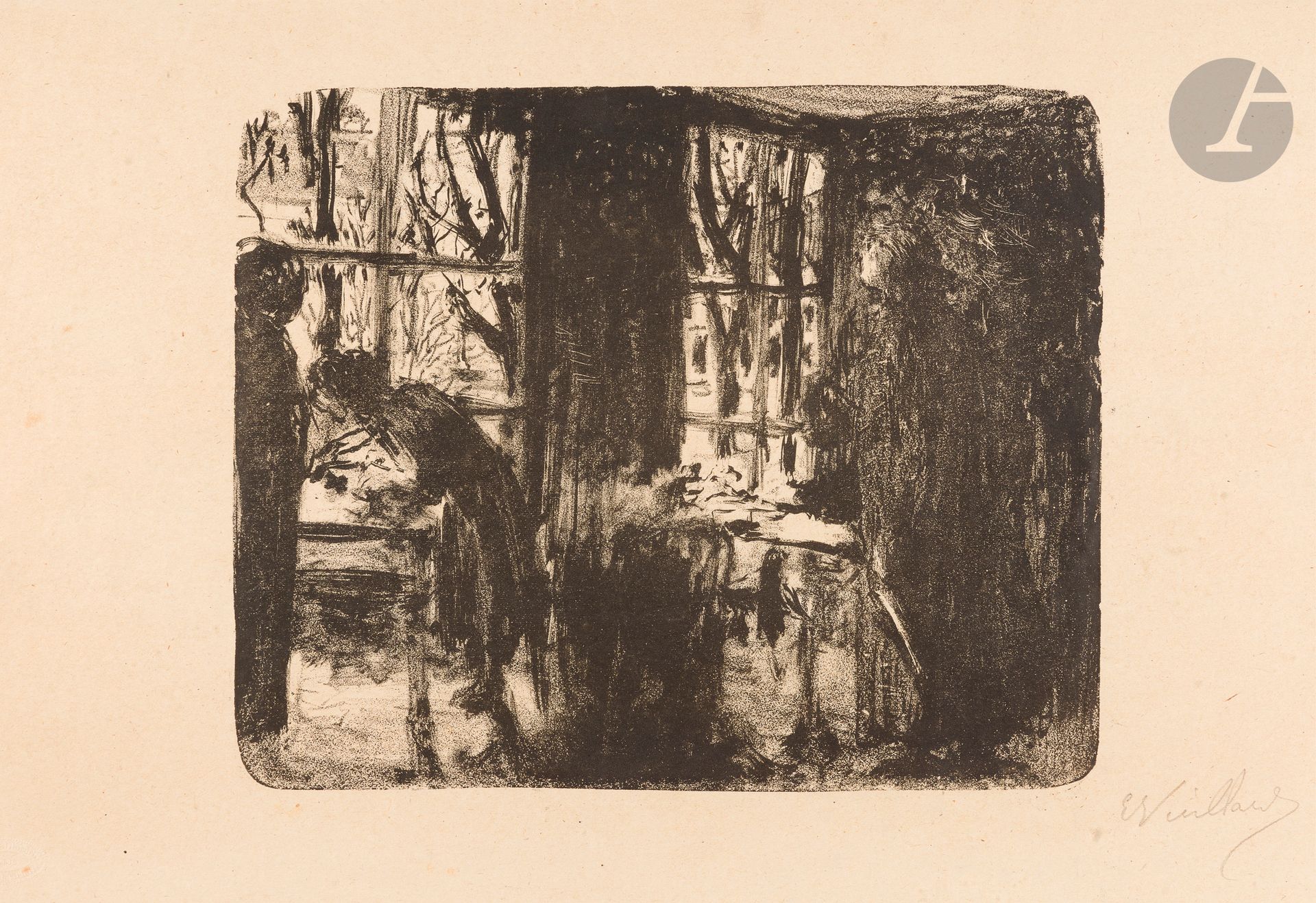 Édouard Vuillard (1868-1940)
L’Atelier aux deux fenêtres. Vers 1895. Lithographie. 290 x 235. Roger-Marx 14. Très belle épreuve sur vélin mince chamois, signée au crayon. Annotation en pied à droite : « L’Atelier aux fenêtres ». Toutes marges. De toute rareté : « Tiré à un très petit nombre d’exemplaires » selon Roger-Marx. Timbre sec : Ed. Kleinmann (Lugt 1573).  

Provenance :  Michel Romand (1929-2013), arrière-petit-fils d’Edmond Sagot (1857-1917).