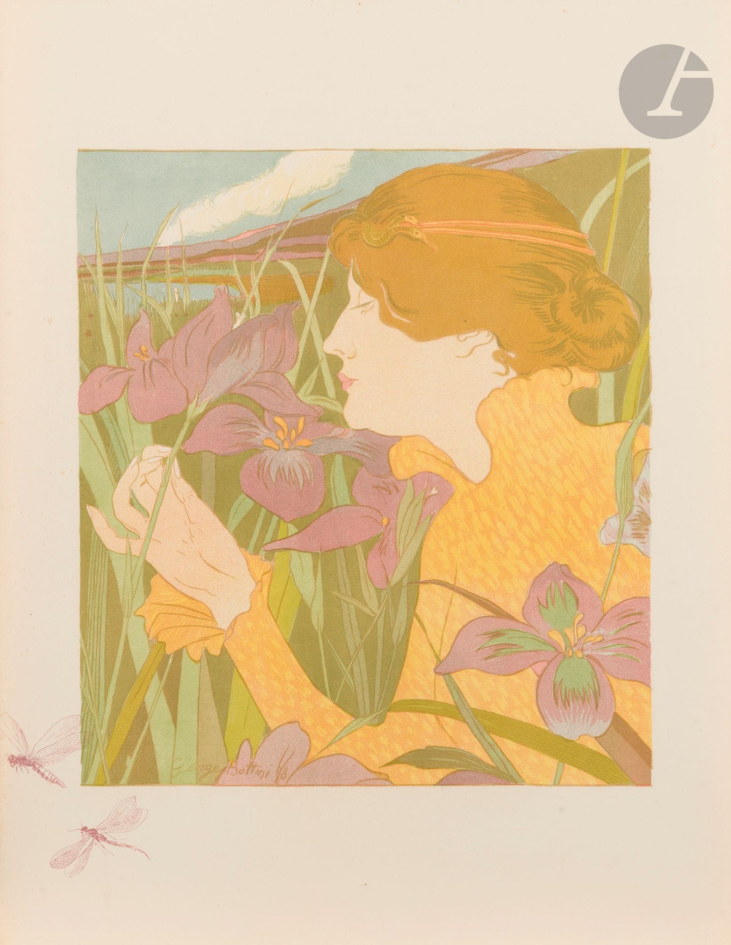 George Bottini (1874-1907)
La Femme aux iris. 1898. Lithographie. 382 x 508. Carter Southard 28. Impression en couleurs. Très belle et fraîche épreuve sur vélin glacé ivoire, l’une des 50 tirées avec remarque (libellules) en violet. Toutes marges. Tirage total à 150 épreuves.  

Provenance :  Michel Romand (1929-2013), arrière-petit-fils d’Edmond Sagot (1857-1917).