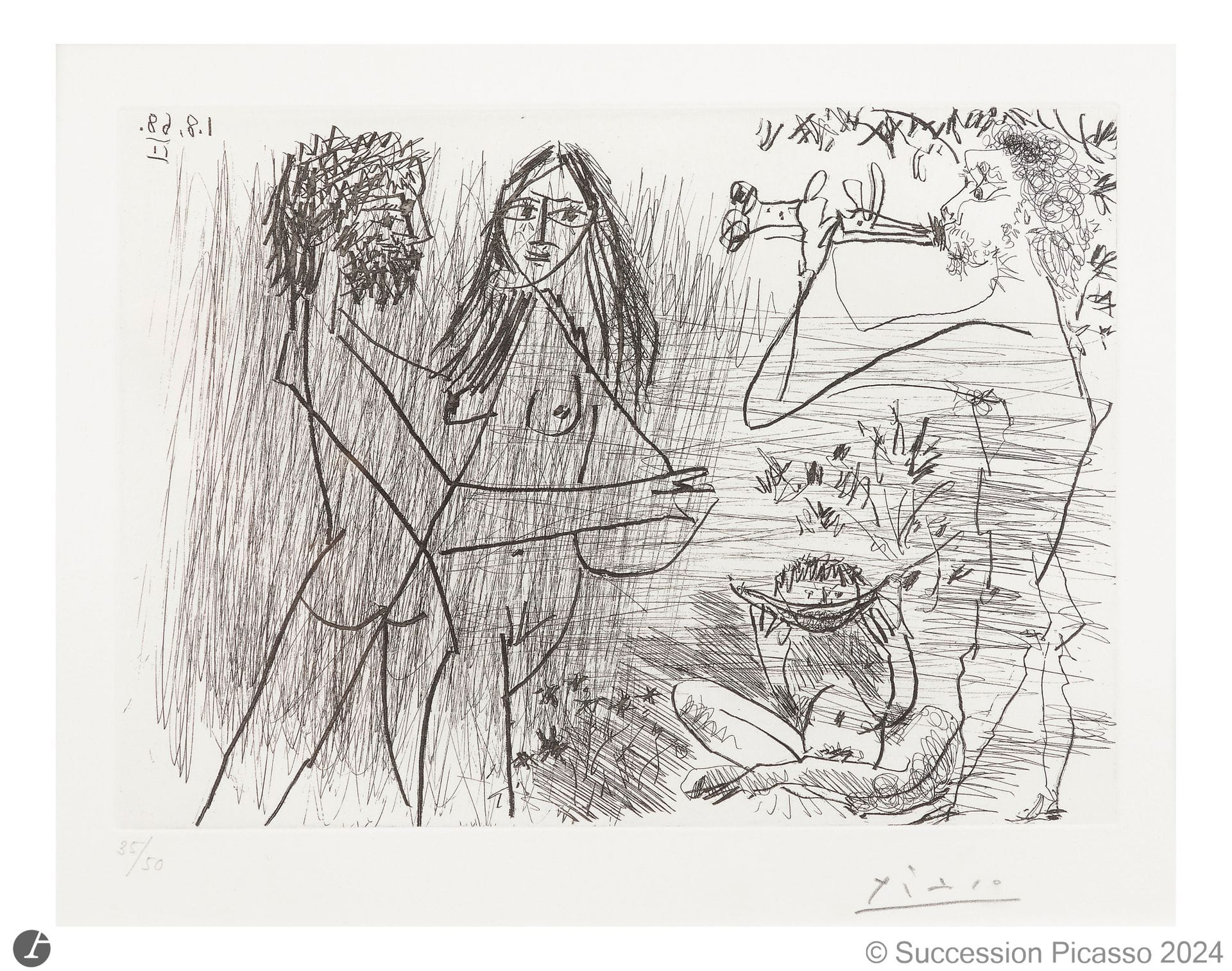 Pablo Picasso (1881-1973)
Scène pastorale : amoureux, flûtiste et mangeur de pastèque. (Suite Les 347, pl. 229). 1er août 1968. Eau-forte. 312 x 365. Bloch 1709 ; Baer 1725 B b 1. Parfaite épreuve sur vélin blanc, du tirage à 50 épreuves effectué pour la galerie Louise Leiris (1969), numérotée et signée au crayon. Toutes marges. Cadre (non examinée hors du cadre).