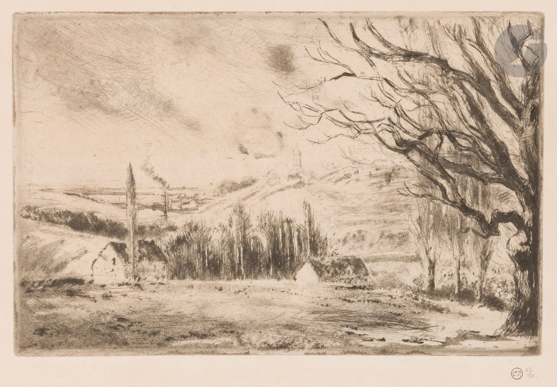 Camille Pissarro (1830-1903)
Vue de Pontoise. 1885. Eau-forte, pointe sèche et aquatinte. 245 x 160. Delteil 60. Belle épreuve sur vergé, numérotée au crayon et timbrée (Lugt 613f), soigneusement lavée, du tirage posthume à 50 épreuves, outre une douzaine d’épreuves tirées du vivant de l’artiste. Très claire oxydation à l’ouverture d’un ancien montage et autre trace marginale. Fin pli vertical le long des bords gauche et droit. Infime accroc en tête. Traces de réencollage visibles au verso. Toutes marges.