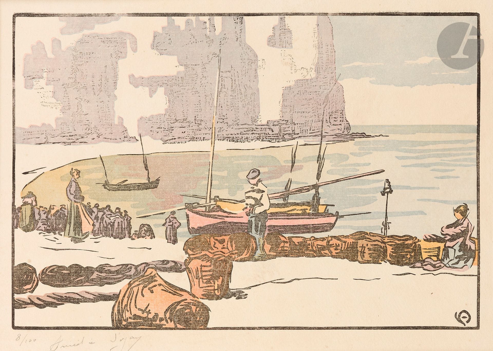 Amédée Joyau (1872-1913)
La Petite plage, Yport. 1902. Bois gravé. 268 x 177. Curtis 42. Impression en couleurs. Très belle épreuve sur vergé crème, numérotée et signée au crayon. Oxydation marginale. Toutes marges. Tirage à 100 épreuves. Étiquette de douane dans l’angle inférieur gauche au verso.  

Provenance :  Michel Romand (1929-2013), arrière-petit-fils d’Edmond Sagot (1857-1917).