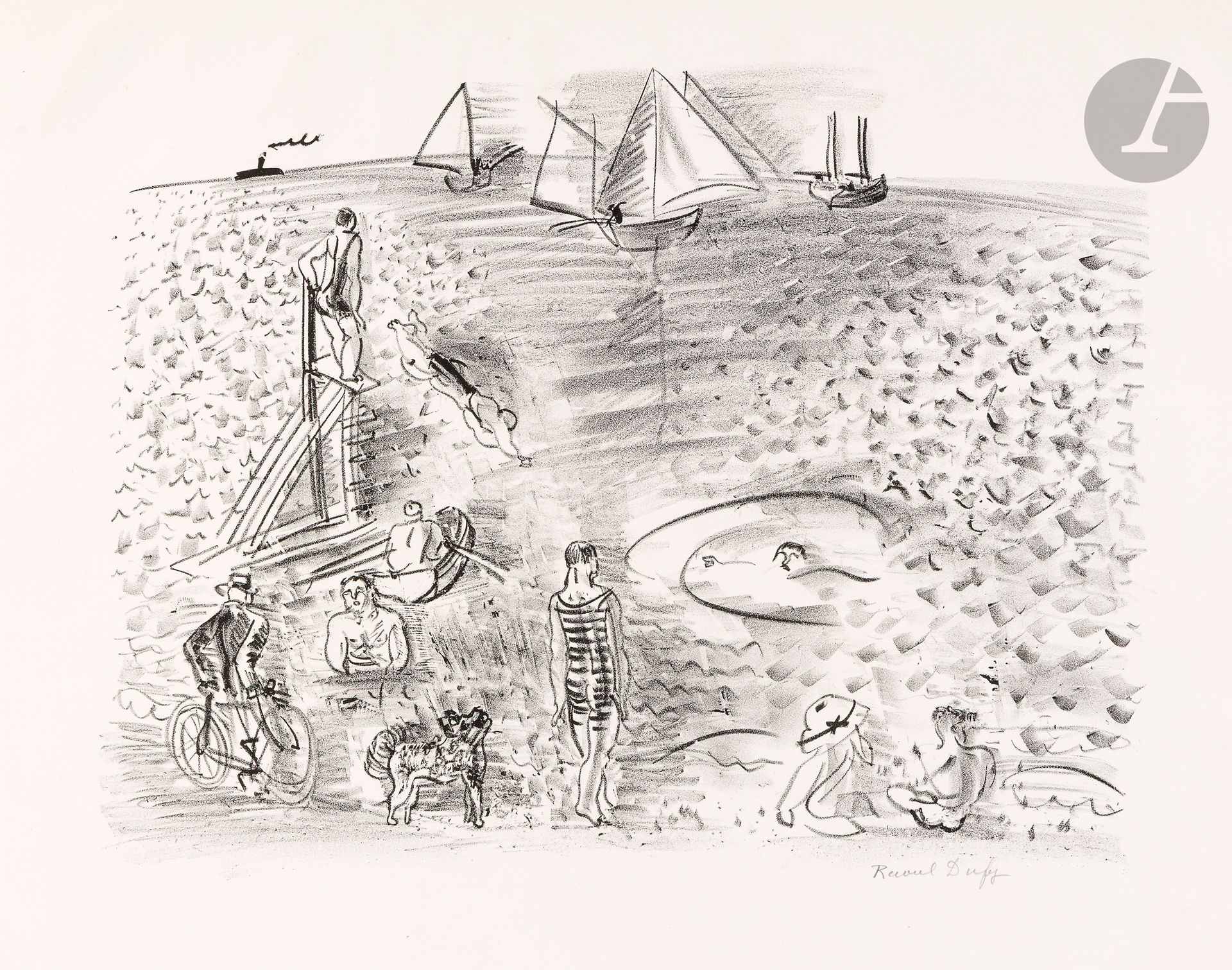 Raoul Dufy (1877-1953)
Le Plongeoir. (Pl. pour l’album La Mer). 1925. Lithographie. 440 x 340. Très belle épreuve sur vélin blanc fort, signée au crayon. Léger empoussiérage et trace d’oxydation aux bords. Toutes marges.
