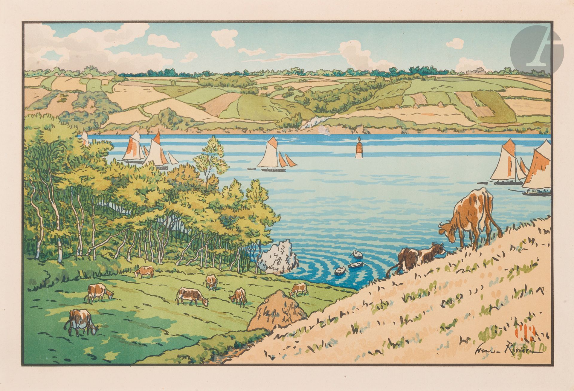 Henri Rivière (1864-1951)
Le Trieux à Kermarie. (Pl. du Beau Pays de Bretagne). 1912. Lithographie. 352 x 227. Levasseur-Le Bohec 92. Impression en couleurs. Très belle épreuve sur vélin glacé ivoire. Légère oxydation aux bords. Toutes marges.