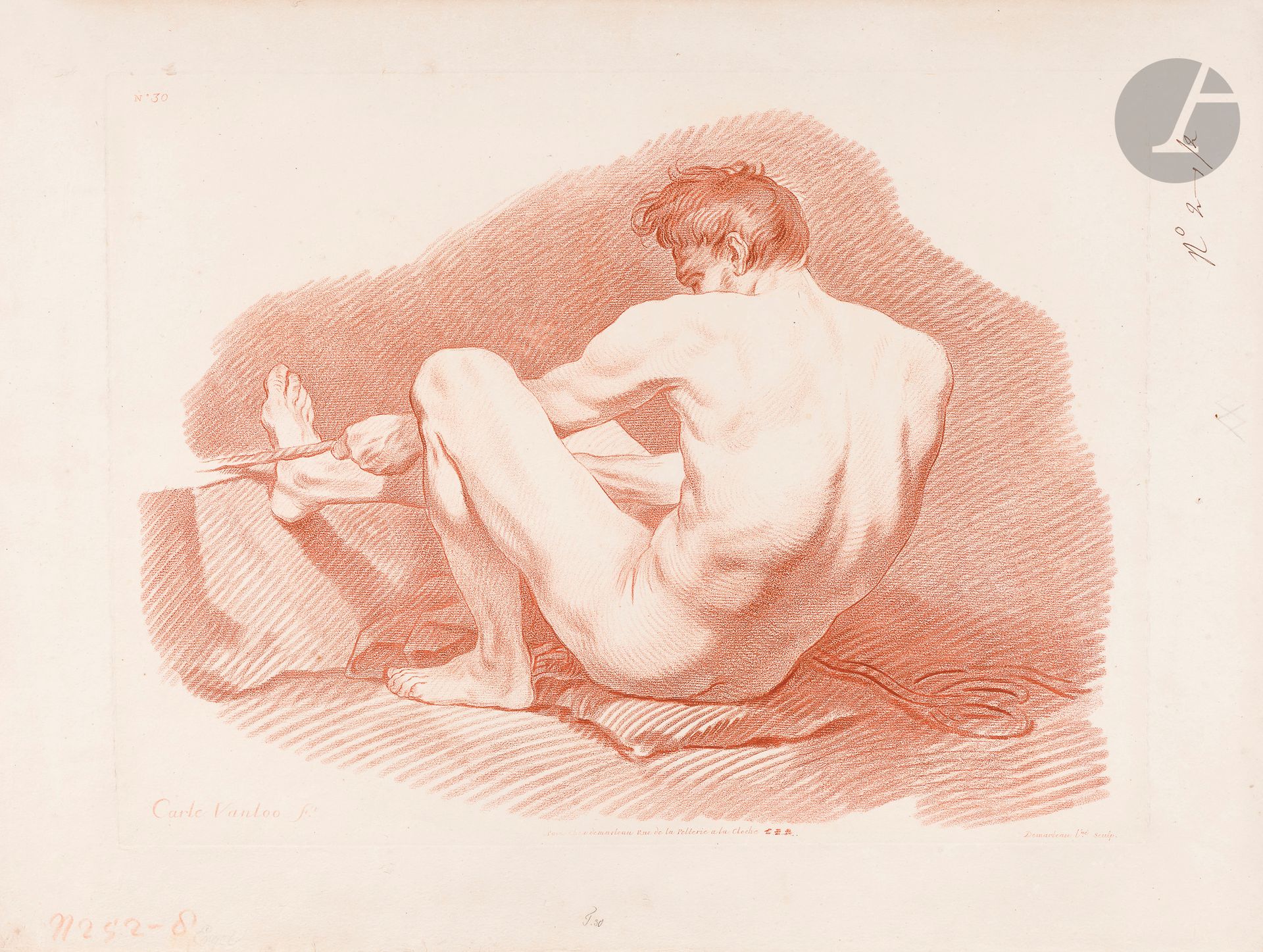 Gilles Demarteau l’Aîné (1722-1776)
Académies et sujets divers. Gravure en manière de crayon d’après C. van Loo. Chaque [690 x 510] ou [510 x 690]. Impression en sanguine. Réunion de 14 très belles épreuves sur vergé. Empoussiérage, rousseurs, accidents et déchirures aux bords des feuillets. Quelques annotations à la plume et à l’encre sépia. La mention « du Roi » grattée à 2 pl. Toutes marges (une avec marges réduites). Joint : Pelletier. Tête de Bacchus. Gravure en manière de crayon d’après C. van Loo. 360 x 445. Même condition. Ens. 15 p.