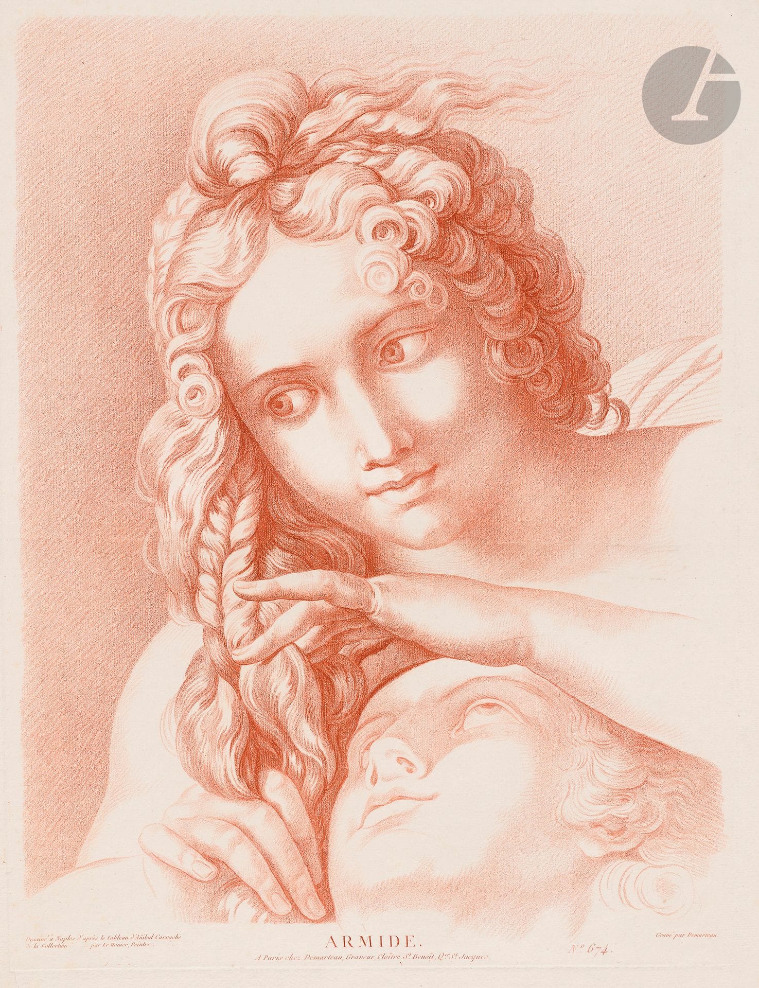 Gilles Demarteau l'Aîné (1722-1776)
Ancient figures. Engraving in pencil after Boizeau, Caffieri, Carracci, Moitte, Raphaël. Each [690 x 510] or [510 x 690]. Printed in sanguine. Reunion of 6 very fine proofs on laid paper. Dusting, foxing, accidents and tears to leaf edges. Some annotations in pen and sepia ink. The words "du Roi" scratched into some plates. All margins. Joint: Hermès au bouclier. Engraving in pencil after Le Barbier l'aîné. 420 x 595, printed in black. Same condition. Set of 7 p.