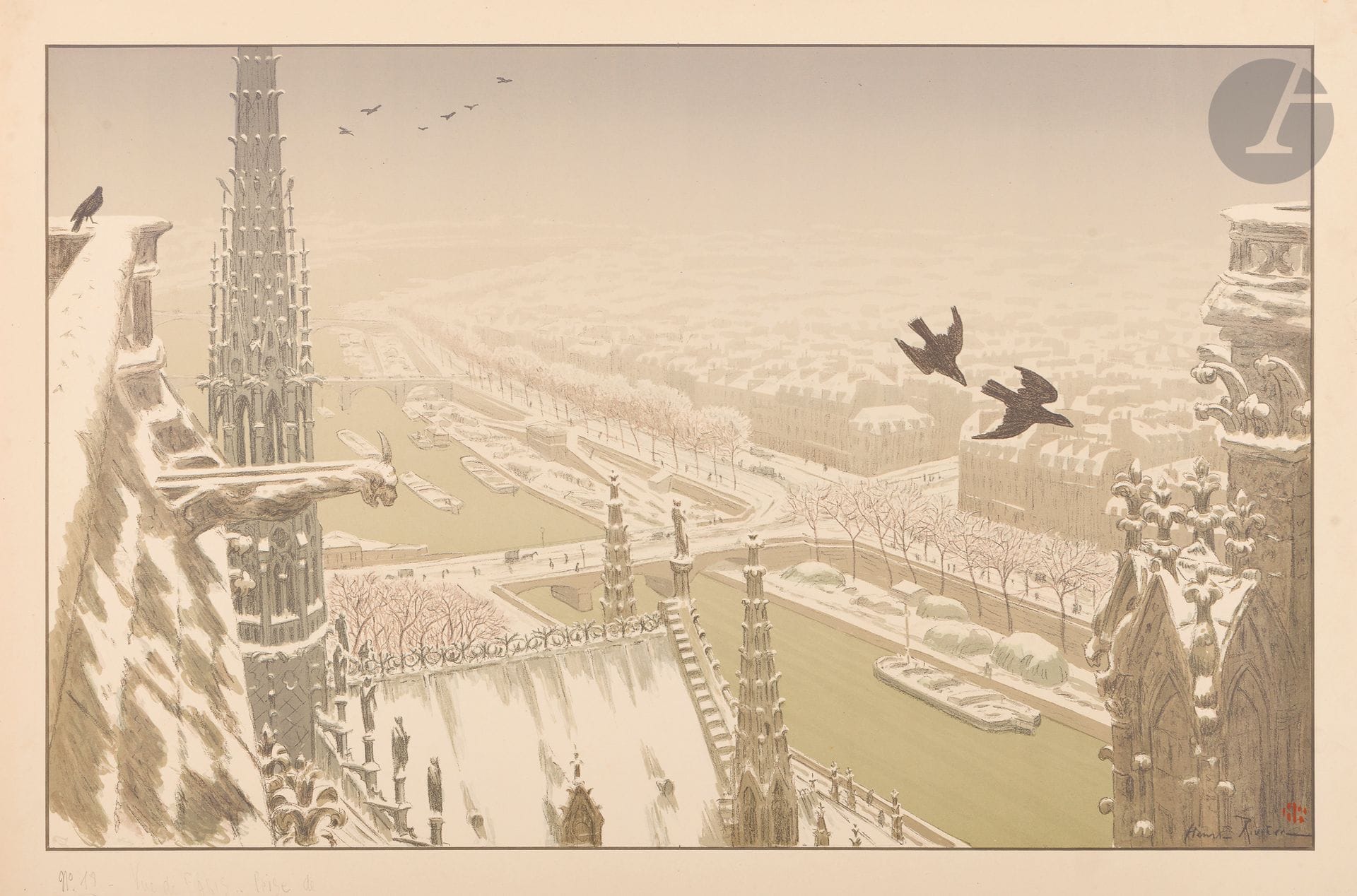 Henri Rivière (1864-1951)
Du haut des tours de Notre-Dame. (Paysages parisiens, pl. 7). 1900. Lithographie. 820 x 525. Levasseur-Le Bohec 24. Impression en couleurs. Très belle épreuve sur vélin glacé ivoire. Légère oxydation, traces de plis, courtes déchirures et petits accidents aux bords. Étiquette adhésive dans l’angle supérieur gauche au verso. Toutes marges [905 x 643].