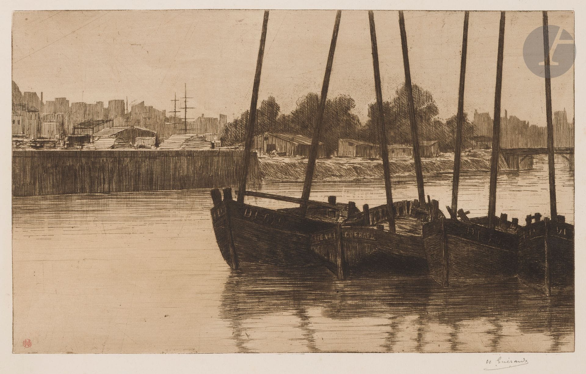 Henri Guérard (1846-1897)
La Retenue (Dieppe). Avant 1888. Eau-forte et roulette. 476 x 290. Beraldi 443 ; Bertin 213. Très belle épreuve tirée en noir bistré sur vergé crème, signée au crayon et timbrée (Lugt 1157) dans l’angle inférieur gauche du sujet, annotée en pied « Le Bassin de la Retenue (Dieppe) tirée à 60 ». Infimes rousseurs claires. Au verso en tête, bande d’empoussiérage et annotation au crayon bleu : « Bateaux au radoub Dieppe ». Toutes marges.