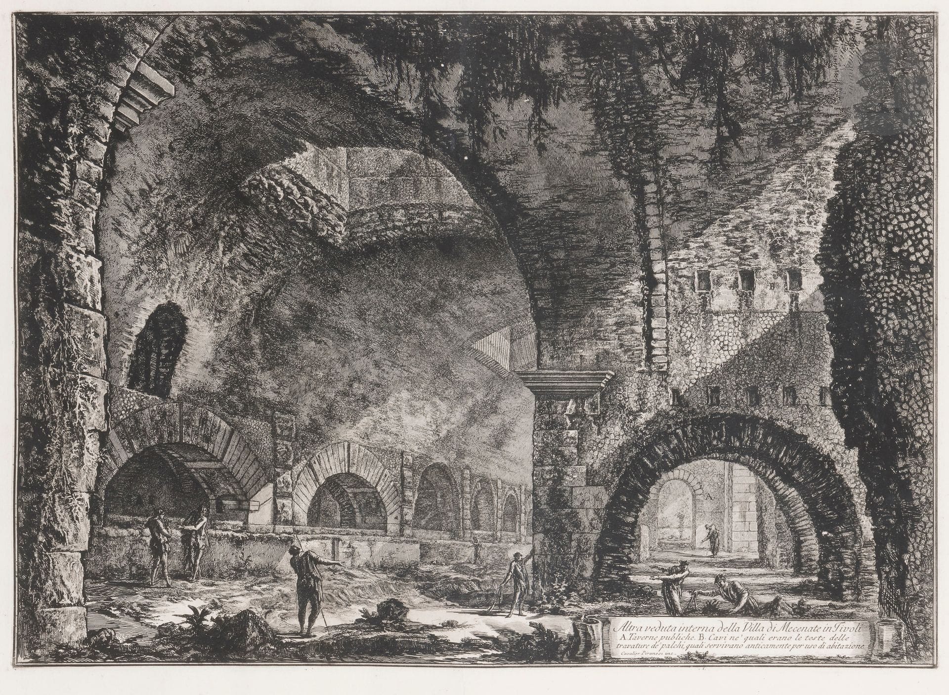 Giambattista Piranesi (1720-1778)
Altra veduta interna della Villa di Mecenate in Tivoli. (La Villa dite de Mécène à Tivoli). 1767. Eau-forte et burin. 605 x 422. Hind 84. Très belle épreuve sur vergé, du 1er état (sur 3), avant le numéro en haut à droite, soigneusement lavée. Pli vertical médian normal. Une petite fissure verticale dans le sujet au centre (sur l’arche) et quelques petits arrachements formant points blancs en surface. Deux petites giclures brunes et quelques courtes déchirures au bord du feuillet en pied. Onglet de montage le long du bord droit au verso. Toutes marges. 1er tirage parisien.