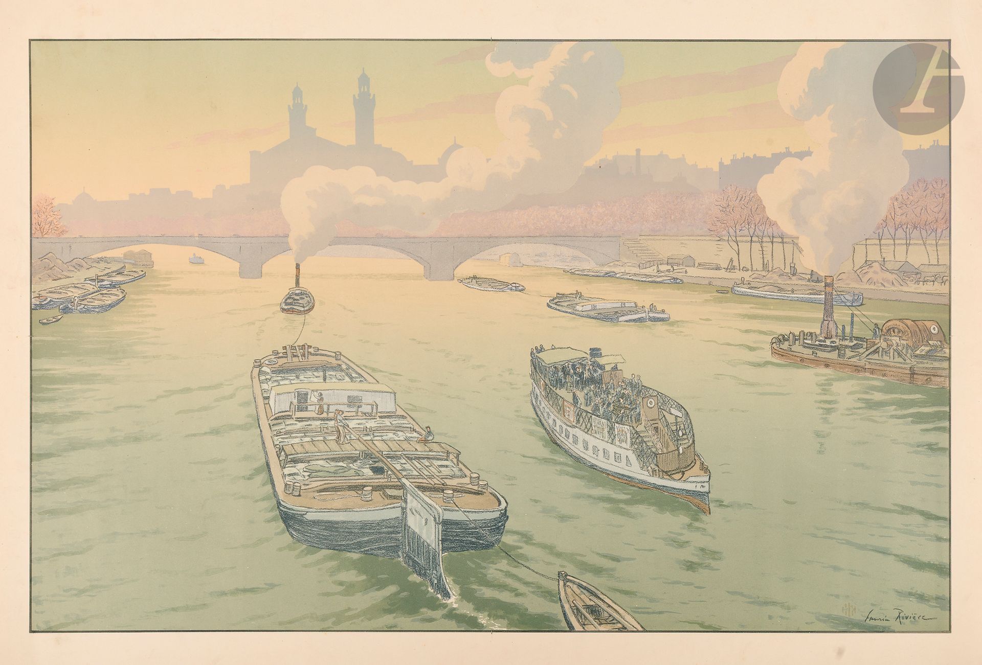 Henri Rivière (1864-1951)
Le Trocadéro. (Paysages parisiens, pl. 8). 1900. Lithographie. 818 x 520. Levasseur-Le Bohec 25. Impression en couleurs. Très belle épreuve sur vélin glacé ivoire. Légère oxydation, traces de plis, courtes déchirures et petits accidents aux bords. Toutes marges [902 x 645].