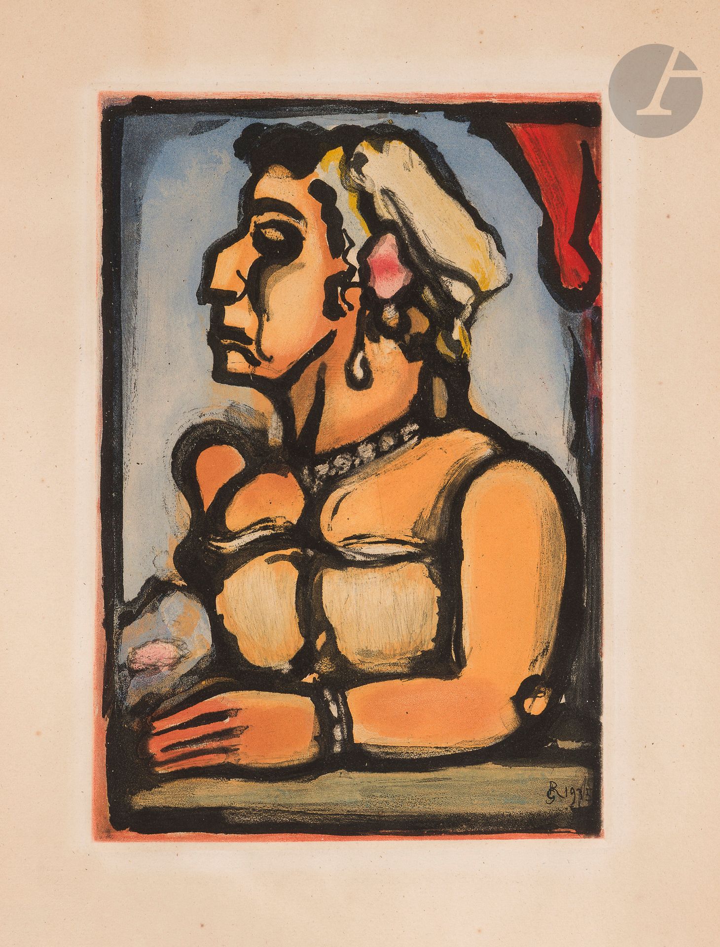 Georges Rouault (1871-1958)
Madame Carmencita. 1935. (Pl. 9 pour Cirque de l’étoile filante, Paris, A. Vollard, 1938). Eau-forte et aquatinte. 212 x 310. Chapon et Rouault 248 ; Johnson 200-9. Impression en couleurs. Belle épreuve sur vergé de Montval, oxydée. Fortes traces de colle au bord droit. Grand morceau d’adhésif dans l’angle inférieur droit au verso. Toutes marges.