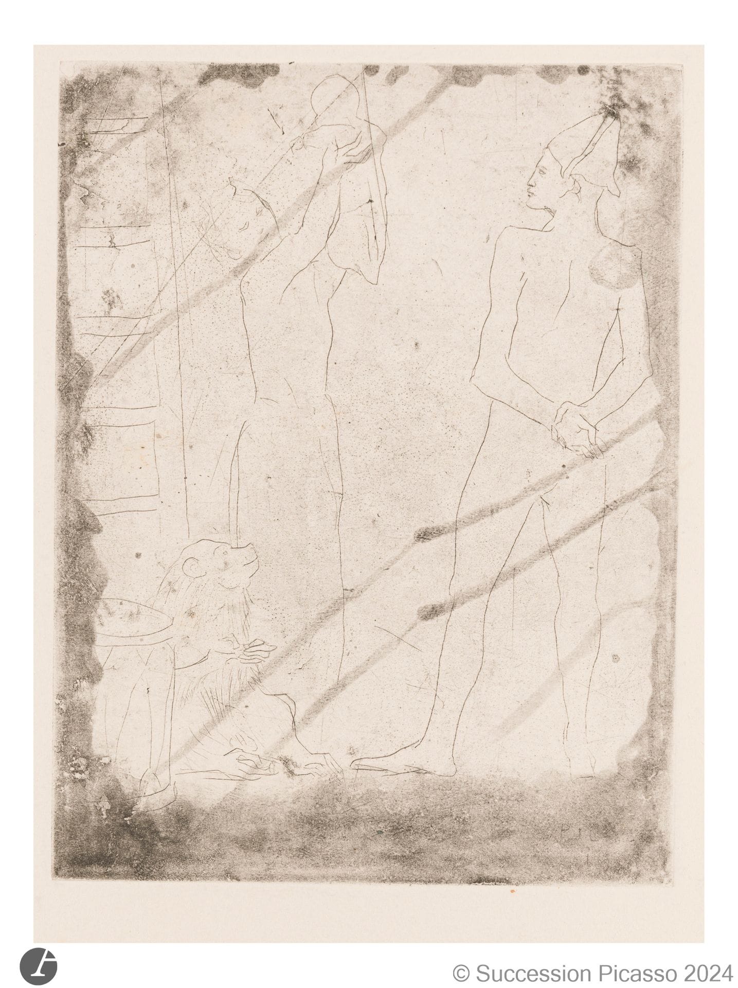 Pablo Picasso (1881-1973)
La Famille de saltimbanques au macaque. (Pl. de la série des Saltimbanques). 1905. Pointe sèche sur zinc. 176 x 233. Bloch 11 ; Geiser-Baer 13 b. Très belle épreuve sur vélin fort crème filigrané « Van Gelder Zonen », du tirage à 250 épreuves effectué par Fort pour Vollard (dont seulement une cinquantaine ont survécu), avec les coulures d’acide très visibles. Quelques infimes points de rouille. Bande très claire d’oxydation en tête au verso. Toutes marges non ébarbées. 

Provenance :  Ambroise Vollard (1866-1939) puis H. M. Petiet (1894-1980).