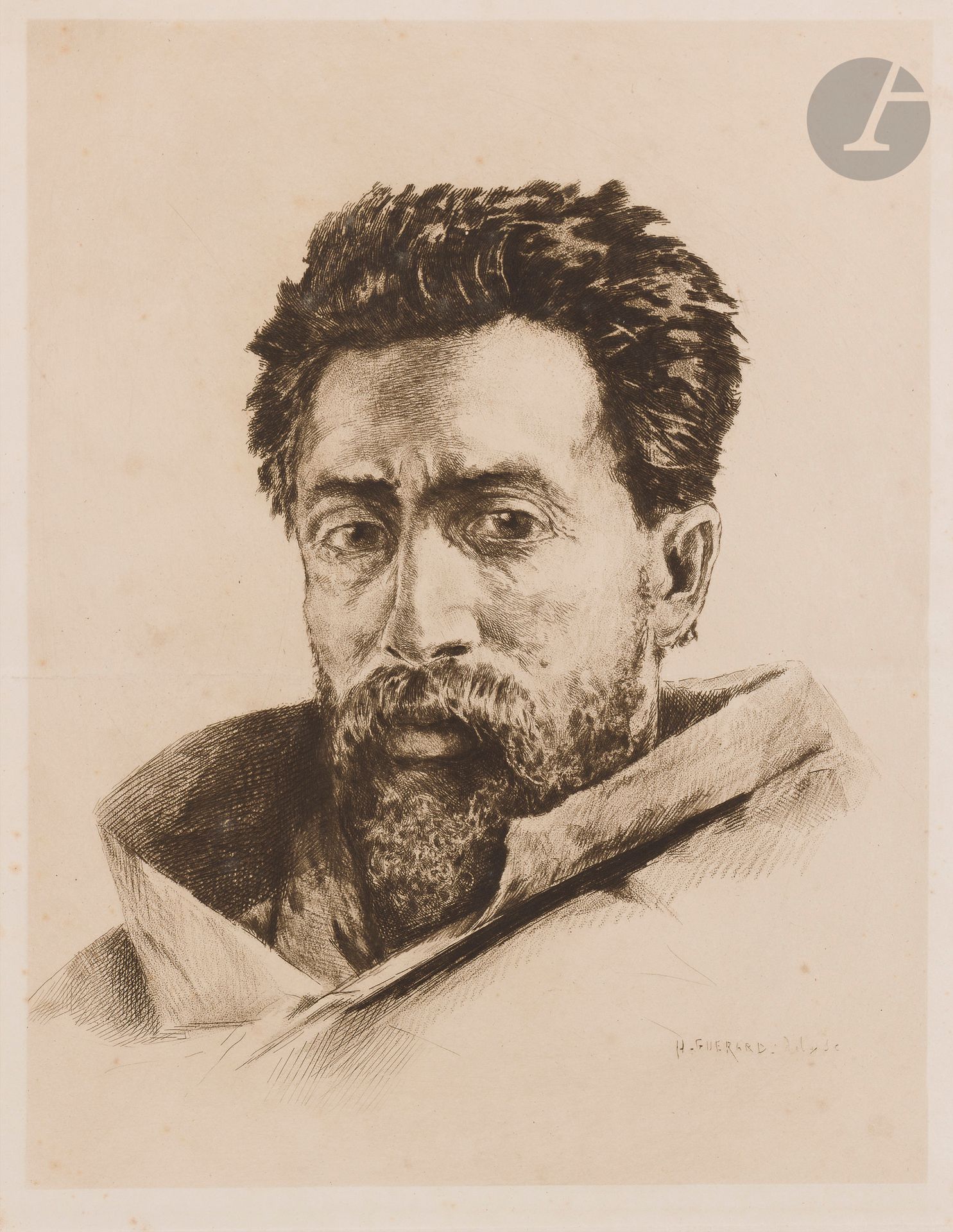 Henri Guérard (1846-1897)
Un gréviste, tête d’homme (Guérard probablement). Eau-forte, roulette et pointe sèche. 324 x 414. Beraldi 212 ; Bertin 45. Très belle épreuve sur vélin fort, du 6e état (sur 7), avant réduction du cuivre. Pli horizontal médian. Rousseurs et légère oxydation. Toutes marges.