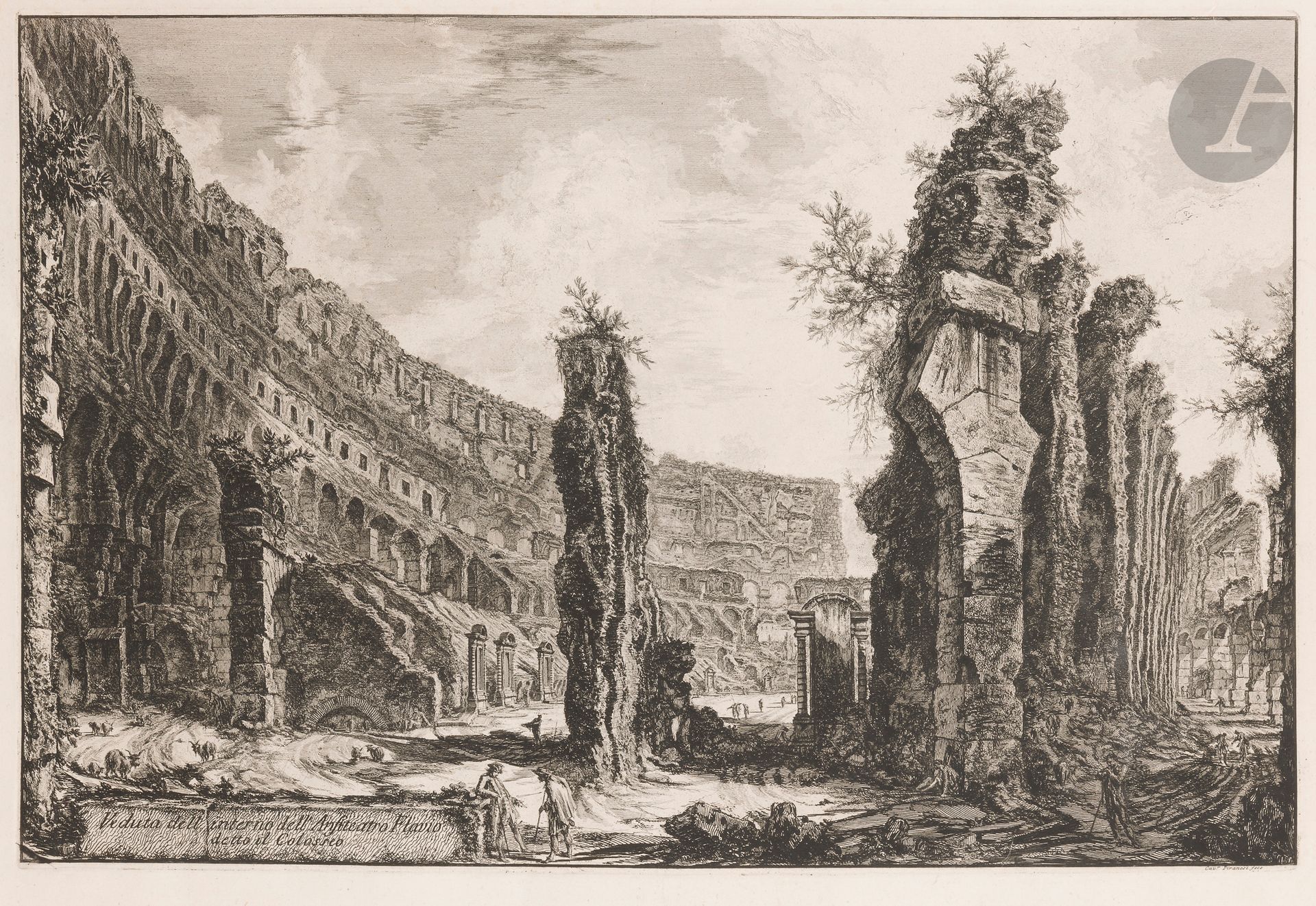 Giambattista Piranesi (1720-1778)
Veduta dell’ interno dell’ Anfiteatro Flavio detto il Colosseo. (Intérieur du Colisée). 1766. Eau-forte et burin. 690 x 452. Hind 78. Très belle épreuve sur vergé, du 3e état (sur 5), avec le trait échappé dans l’angle inférieur gauche du cuivre mais avant les numéros, soigneusement lavée. Pli vertical médian normal. Petites traces de colle, petits arrachements et épidermures le long du bord droit au verso. Toutes marges. 1er tirage parisien.