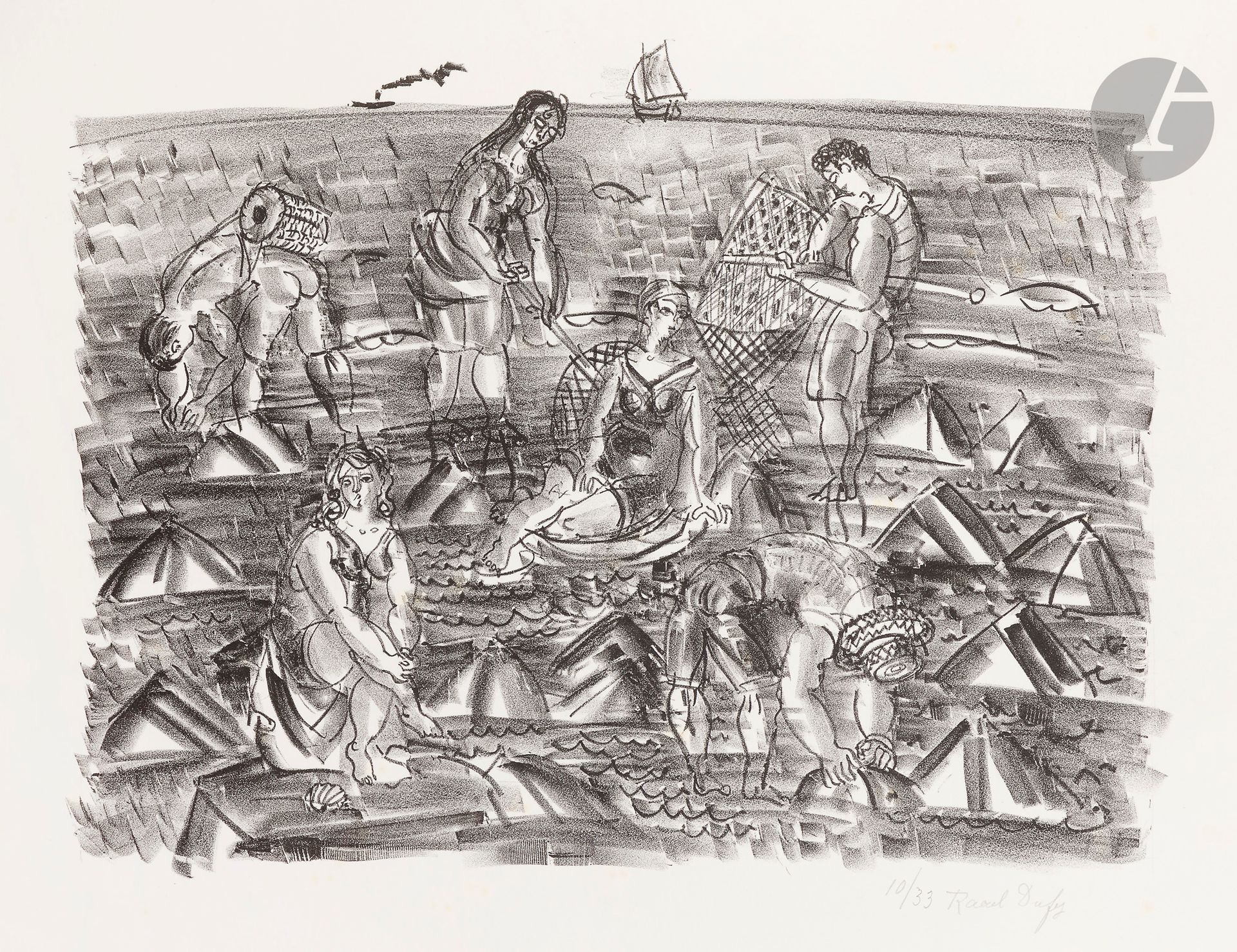 Raoul Dufy (1877-1953)
Pêcheurs de crevettes. (Pl. pour l’album La Mer). 1925. Lithographie. 445 x 340. Très belle épreuve sur vélin ivoire, numérotée et signée au crayon. Infimes rousseurs claires. Pli souple horizontal le long du bord supérieur droit. Toutes marges. Tirage à 33 épreuves.