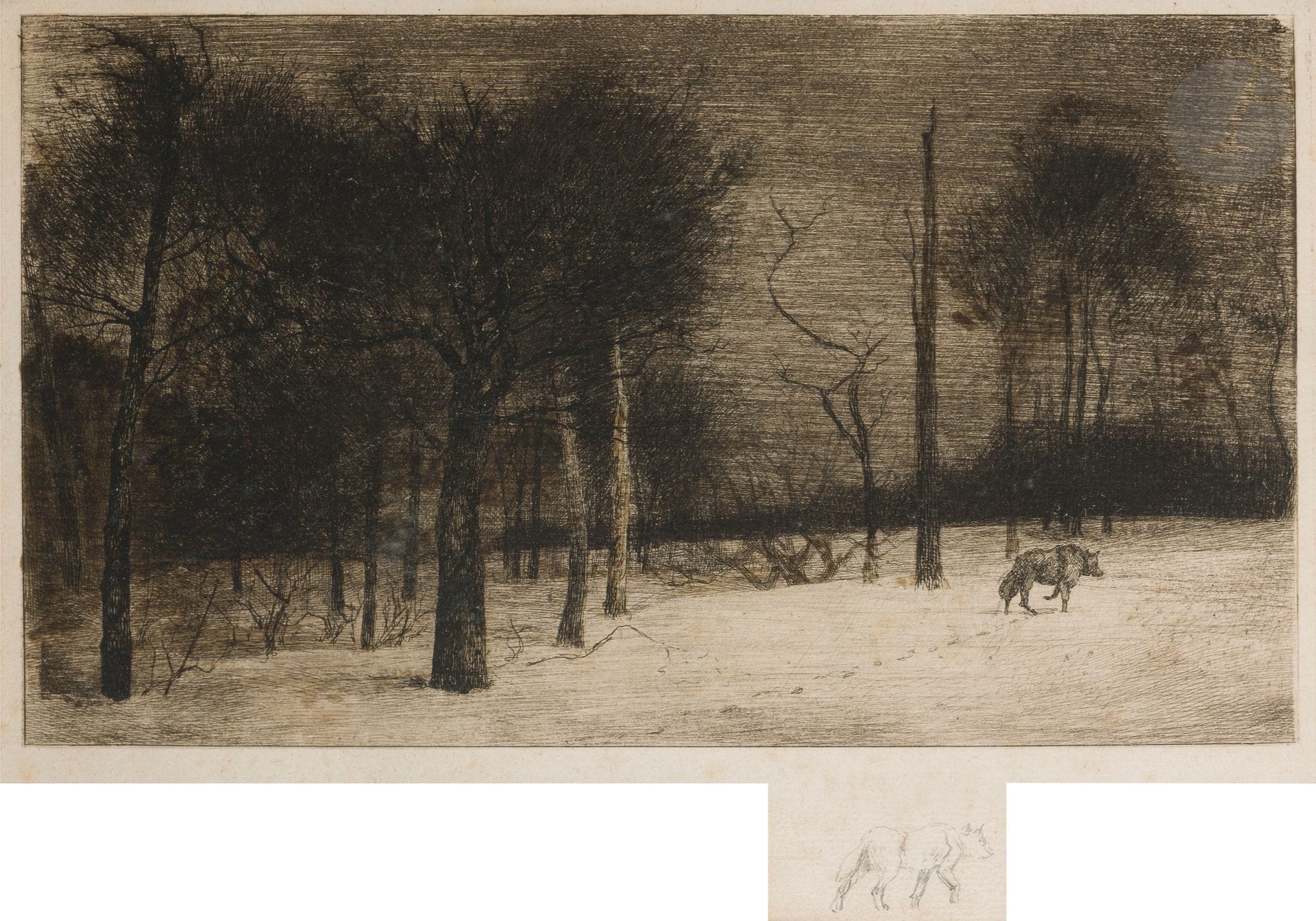Félix Bracquemond (1833-1914)
Hiver, ou Le Loup dans la neige. 1864. Eau-forte. À vue : 325 x 235. Beraldi 180 ; I.F.F. 160. Belle épreuve sur vergé, du rare 2e état (sur 4), avant toute lettre, le loup avec la patte gauche levée et non la droite comme à l’état suivant, le monogramme de Bracquemond gravé dans l’angle supérieur droit (et non gauche comme indiqué par Beraldi), avec remarque au crayon (croquis de loup) en marge inférieure. Marges. Cadre (non examinée hors du cadre).  

Provenance :  Michel Romand (1929-2013), arrière-petit-fils d’Edmond Sagot (1857-1917).