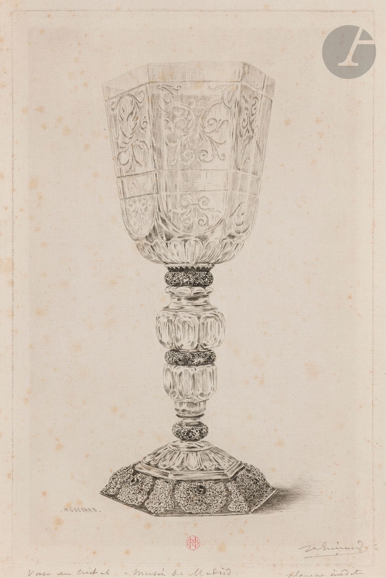 Henri Guérard (1846-1897)
Rock crystal stemmed glass. Before 1882. Etching and drypoint. 180 x 280. Beraldi 505; Bertin 566. Very fine proof on cream laid paper, stamped (Lugt 1157) in the center subject, signed in pencil in the lower right-hand corner of the subject, then annotated along the lower edge "Vase en cristal - musée de Madrid" then "planche inédite". Scattered light foxing. Small normal margins.