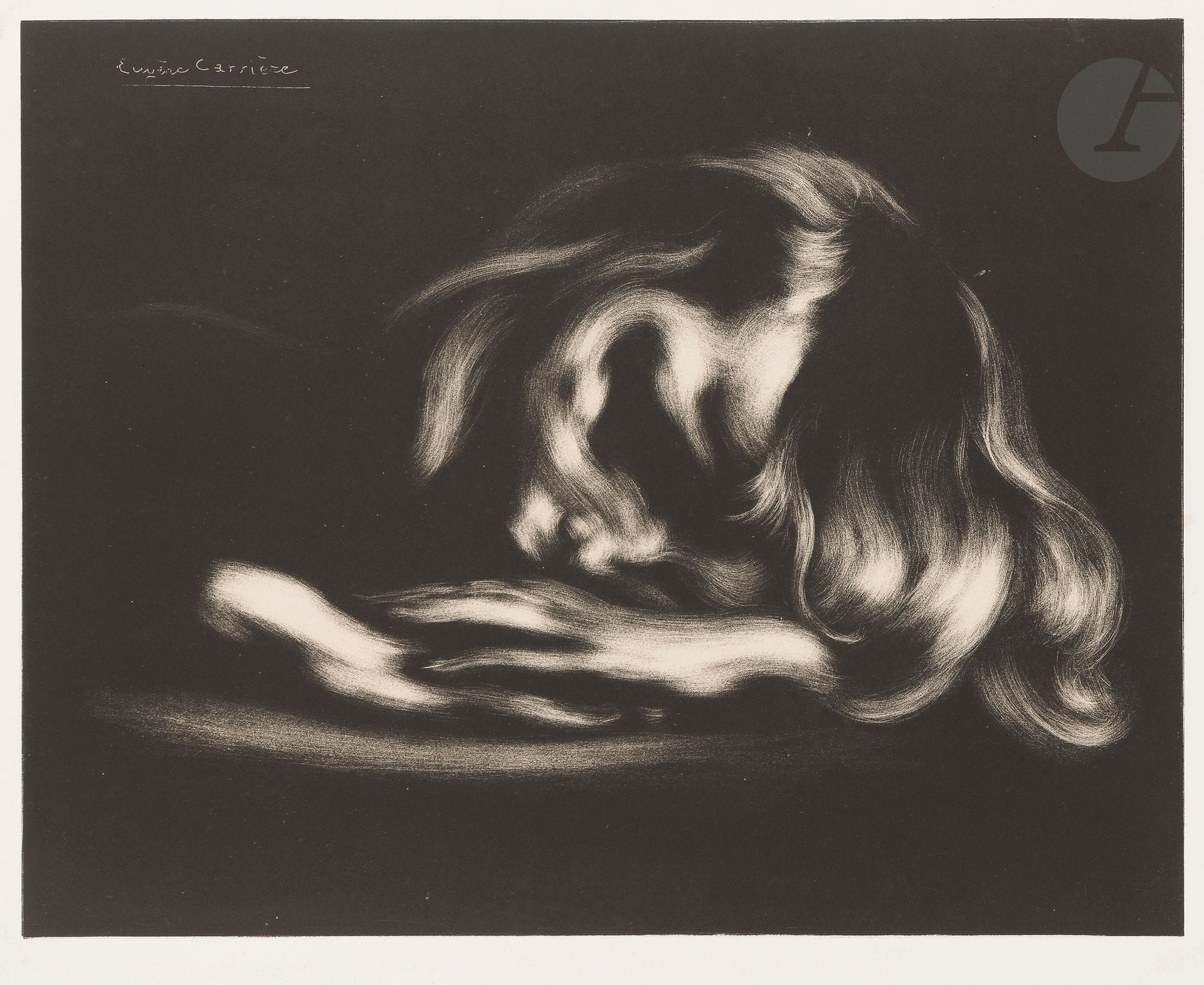 Eugène Carrière (1849-1906)
Le Sommeil (Jean-René Carrière). 1897. Lithographie. 433 x 340. Delteil 36 ; Johnson 21. Très belle épreuve sur chine appliqué sur vélin blanc fort. Une large rousseur claire en marge inférieure, une autre plus petite en marge gauche. Infime oxydation aux bords. Toutes marges non ébarbées. Tirage à 100 épreuves pour l’Album d’estampes originales de la galerie Vollard (1897).