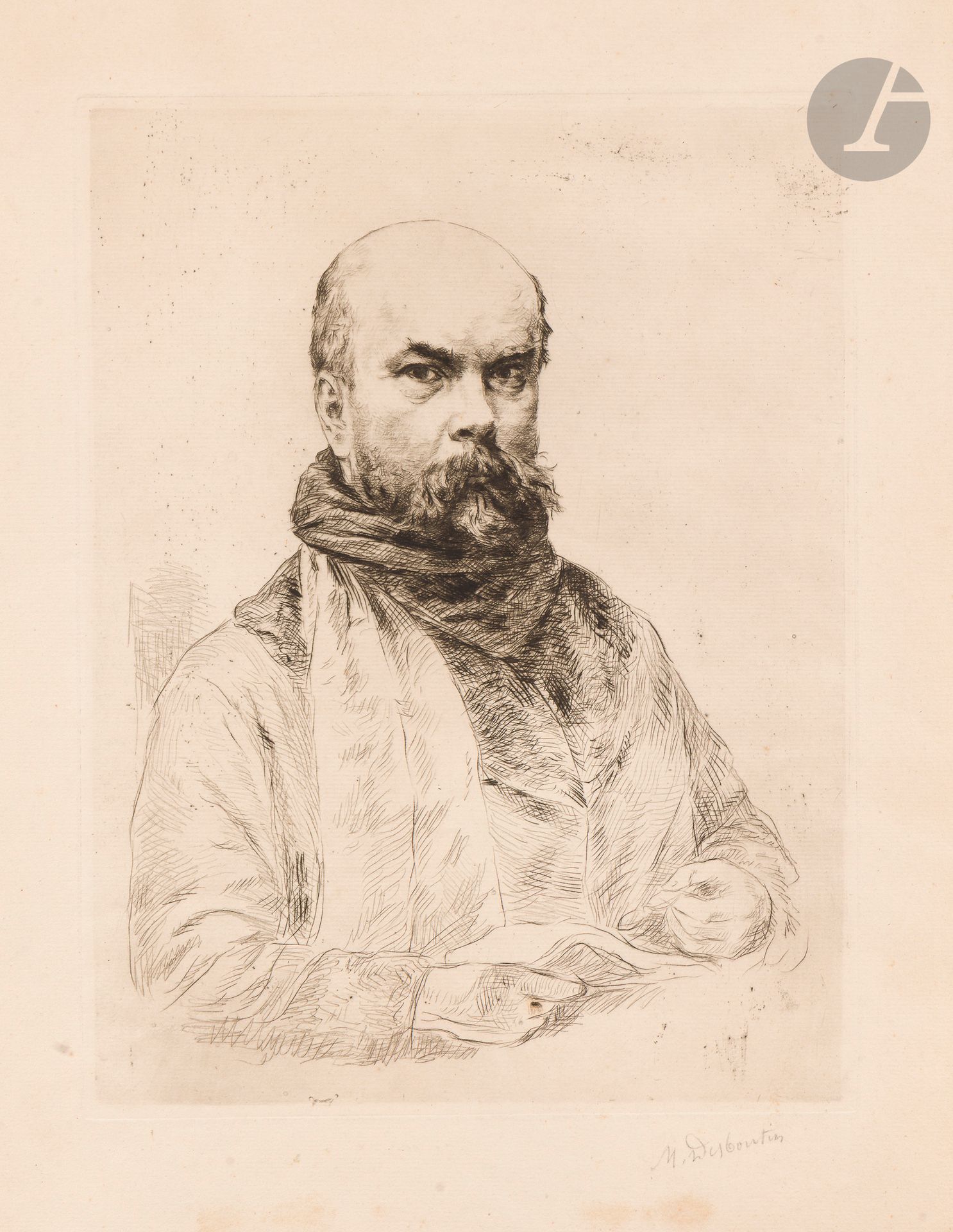 Marcellin Desboutin (1823-1902)
Paul Verlaine, poète. 1896. Pointe sèche. 283 x 370. Clément-Janin 236. Très belle épreuve du 1er état (sur 2), avant de nombreux travaux, sur vergé ivoire, signée au crayon. Quelques rousseurs claires, plus larges en marge inférieure. Toutes marges. De toute rareté. Tirage de l’état définitif à 12 épreuves. 

Cette gravure a été réalisée à l’occasion du décès de Verlaine, en 1896. La Bibliothèque littéraire Jacques Doucet (dans les locaux de la bibliothèque Sainte-Geneviève) en conserve une épreuve de l’état définitif (tout comme la BnF et l’INHA). Elle est décrite comme suit : « Au verso, justification du tirage manuscrit à 12 sur vélin, exemplaire n o 1. Cachet du libraire-éditeur Clerget. Au bas de la gravure est collé le faire-part mortuaire de Paul Verlaine. » (réf. ING Sup 133, bljd.sorbonne.fr).