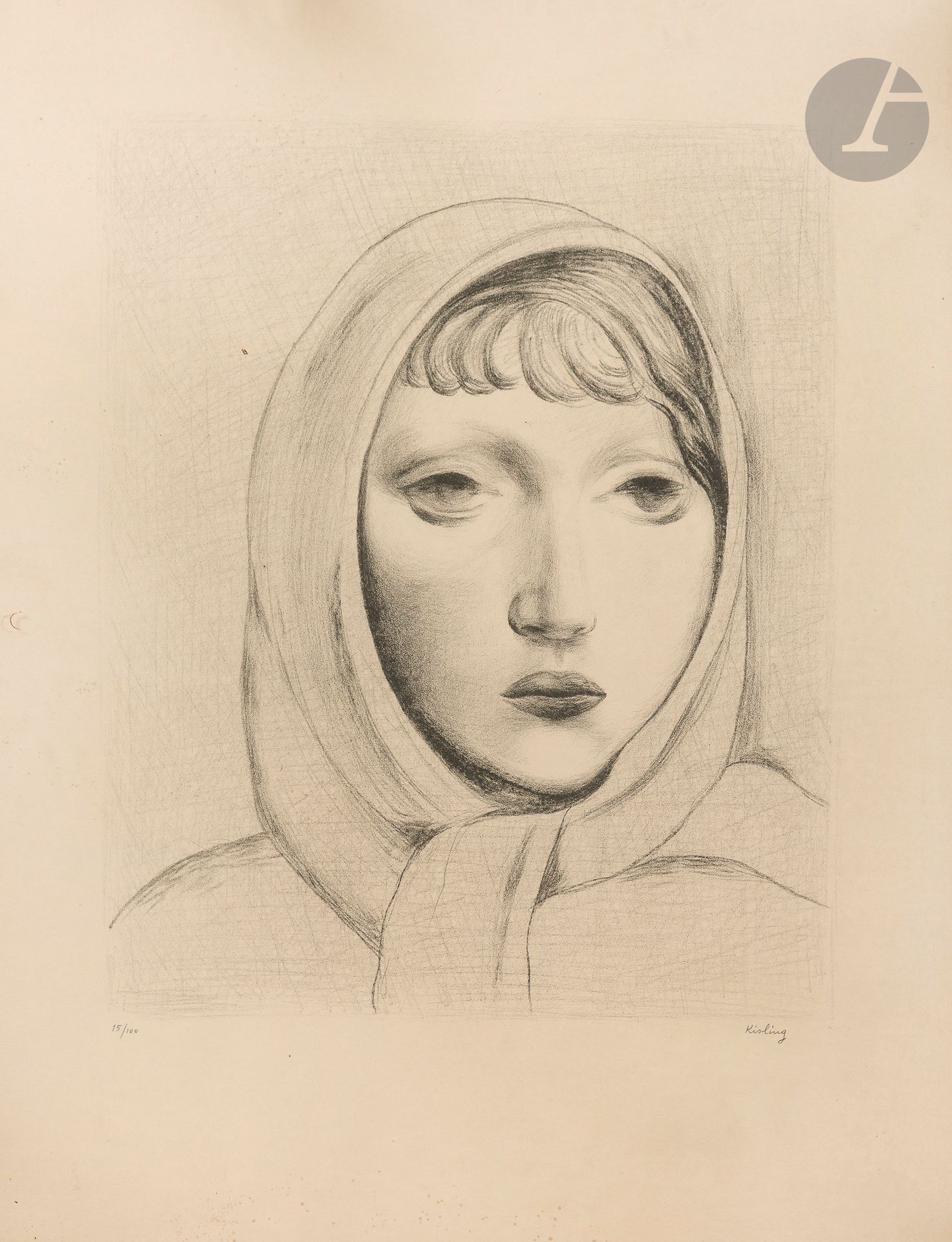 Moïse Kisling (1891-1953)
Tête de jeune fille au fichu. Vers 1920. Lithographie. À vue : 485 x 605. Très belle épreuve sur vélin crème fort, numérotée et signée au crayon, légèrement insolée, les bords du feuillet un peu roussis. Toutes marges. Tirage à 100 épreuves. Cadre (non examinée hors du cadre).