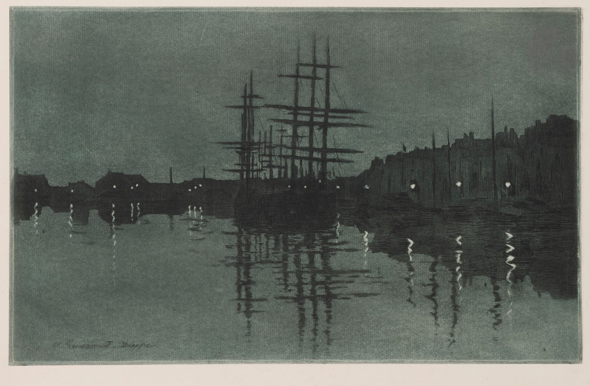 Henri Guérard (1846-1897)
Bassin Duquesne (Dieppe), effet de lune. Avant 1889. Eau-forte et aquatinte. 473 x 295. Bertin 224. Très belle épreuve tirée en bleu sur vergé crème. Toutes marges.