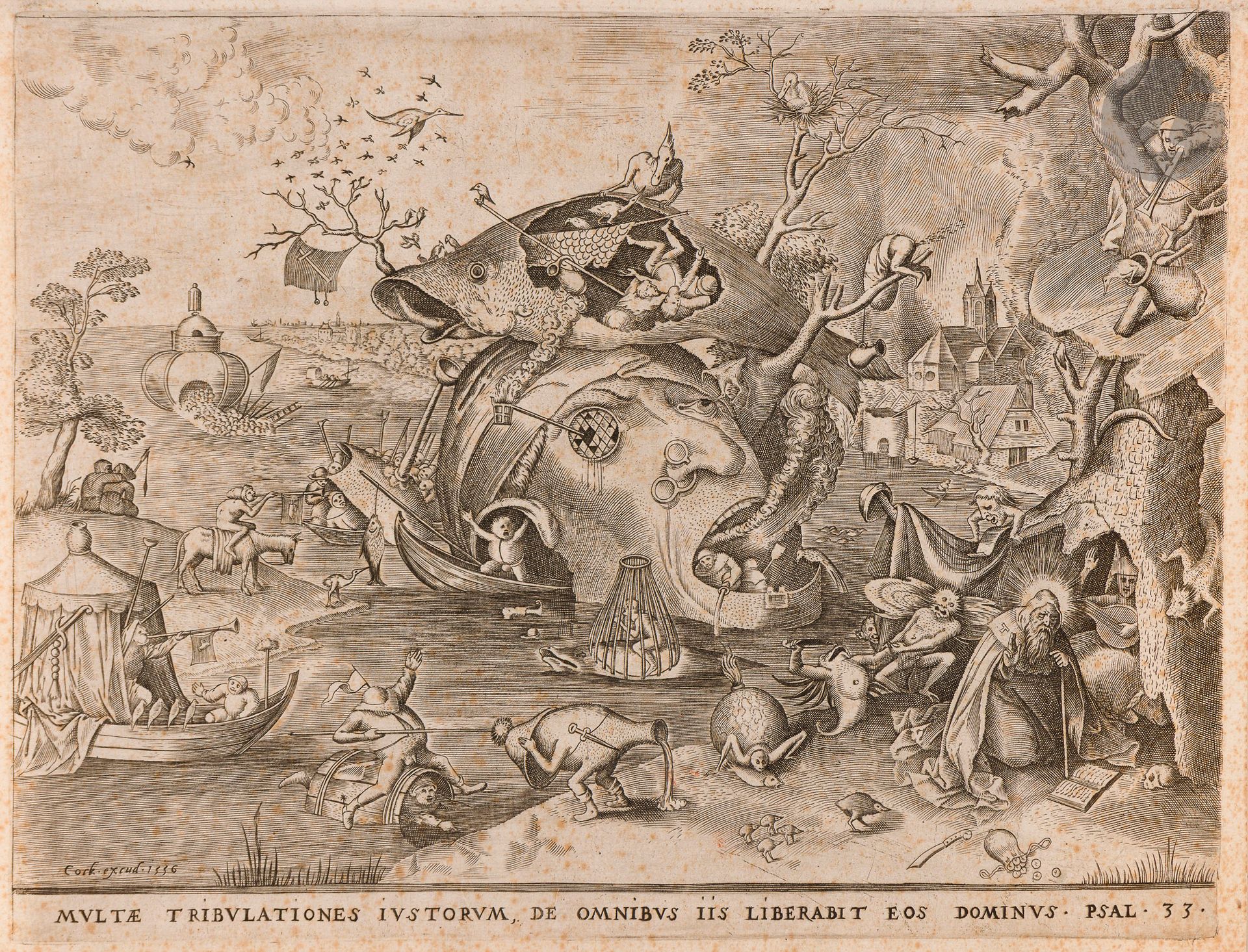 Pieter Bruegel the Elder (1526/30-1569) (after)
The Temptation of Saint Anthony. 1556. Engraved by P. van der Heyden. 322 x 245. Van Bastelaer 119; New Hollstein (Bruegel) 27.10; Orenstein 37. Very fine proof on thin laid paper. Numerous scattered light freckles. Fine oblique scratches at the foot of the subject, including one across the word "liberabit". Several fine vertical creases, notably at top right (slightly open printing crease). Old glue strip 10 to 20 mm wide at head on verso. Small margins (4 to 6 mm). 

"The 1556 Temptation of Saint Anthony is the first work to establish Bruegel as a second Bosch. It is the preparatory drawing preserved in Oxford that indicates the authorship of the engraving, which bears only the address of Cock, publisher. (...) One of the main sources of inspiration for the man's head surmounted by a fish was undoubtedly L'Homme-arbre. This figure, perhaps the most successful of all the strange creatures invented by Bosch, appears twice in his own works and countless times in those of his followers. In most cases, the imitations are uninspired, but here the result is a striking image that can - almost - rival its model. Such images were considered entertaining, as their contemporary description indicates. In 1558, Martin le Jeune, a bookseller in Paris, received twelve copies of Sainct Antoine drolerie from Christophe Plantin." (M. Ilsink, in Hieronymus Cock ; la gravure à la Renaissance, collective work, Bibl. royale de Belgique et Fondation Custodia, 2014, p. 256, our subject repr. p. 257).