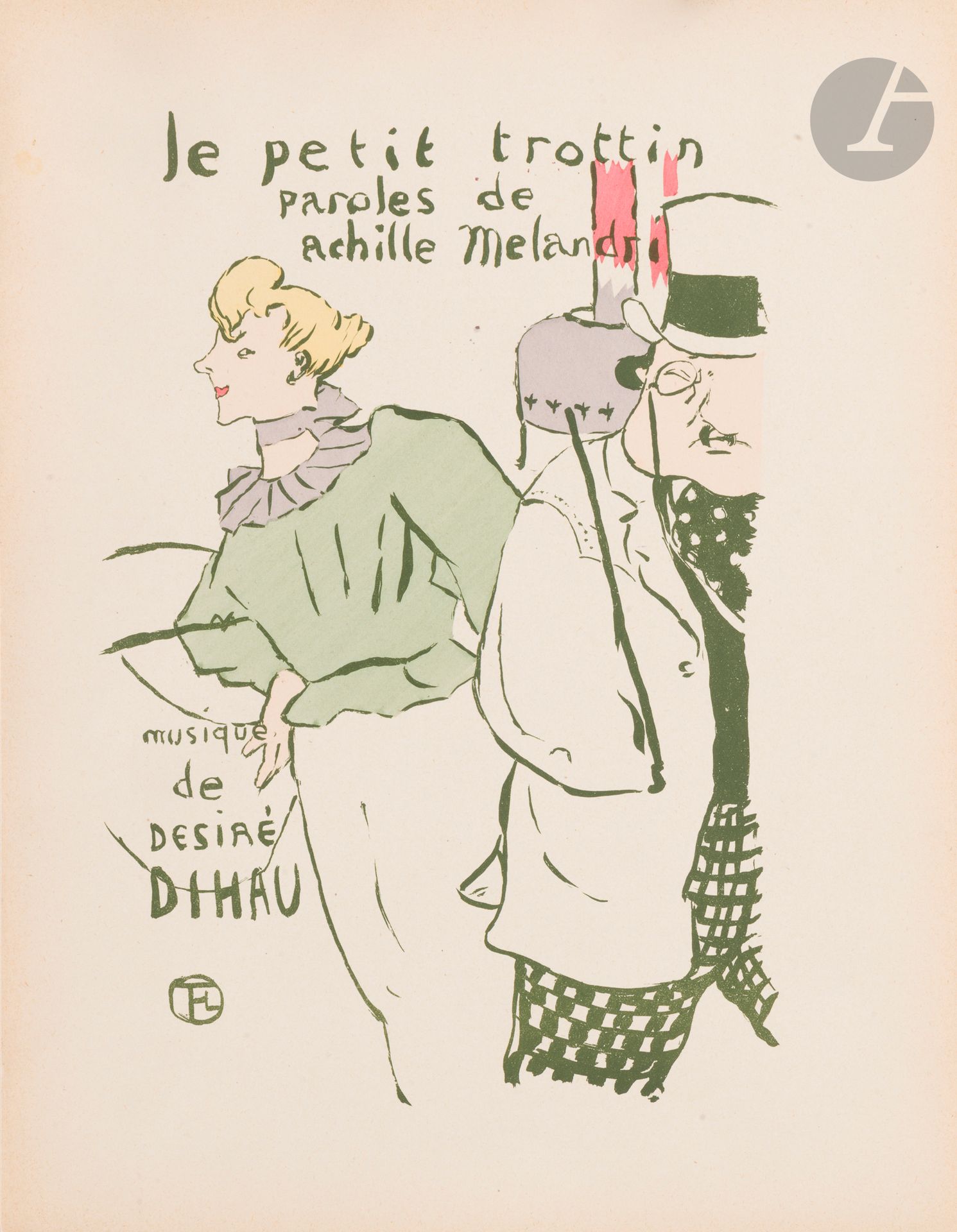 Henri de Toulouse-Lautrec (1864-1901)
Le Petit trottin. 1893. Lithographie. [270 x 350]. Delteil 27  ; Wittrock 14. Très belle épreuve tirée en vert olive sur vélin mince ivoire, coloriée au pochoir, d’un tirage effectué après 1901. Légère trace d’oxydation aux bords. Toutes marges.