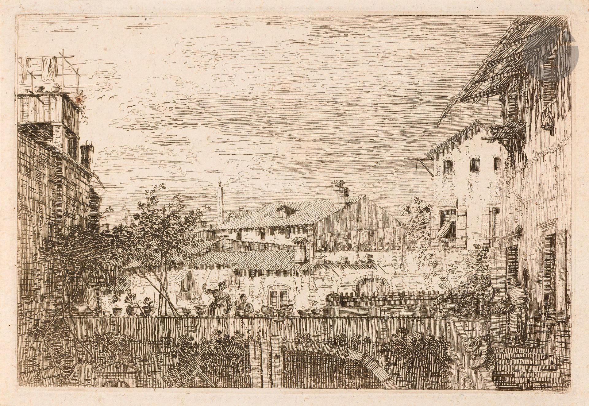 Canaletto (Antonio Canal, dit) (1697-1768)
La Terrasse. Vers 1740. Eau-forte. 210 x 145. Bromberg 24. Très belle épreuve sur vergé, du 1er état (sur 3), avant la signature gravée et avant de nouveaux travaux, notamment dans les arbres de gauche. Un point de rouille dans le pot de fleurs du balcon suspendu en haut à gauche. Petites marges.