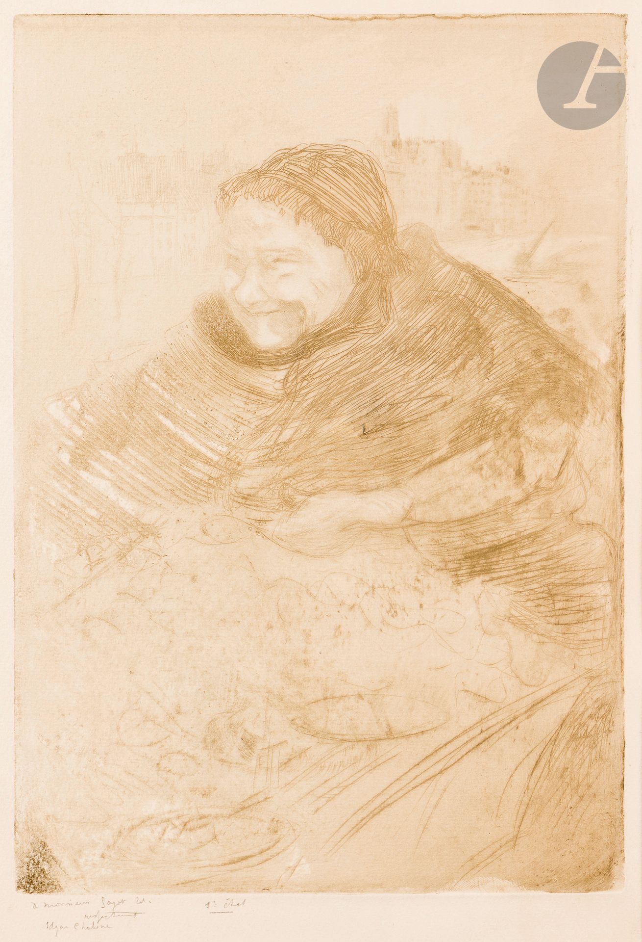 Edgar Chahine (1874-1947)
Étude pour « La Marchande des quatre saisons ». 1900. Eau-forte. 230 x 335. Tabanelli 48. Intéressante et unique épreuve (citée par Tabanelli) du 1er état (sur 2), tirée pâle en bistre sur vergé crème, dédicacée au crayon « à Monsieur Sagot Ed. / respectueusement » et signée, puis annotée « 1er état ». Infimes rousseurs. Toutes marges non ébarbées. Très rare : dans son état définitif, la planche est tirée à 5 épreuves.  

Provenance :  Michel Romand (1929-2013), arrière-petit-fils d’Edmond Sagot (1857-1917).