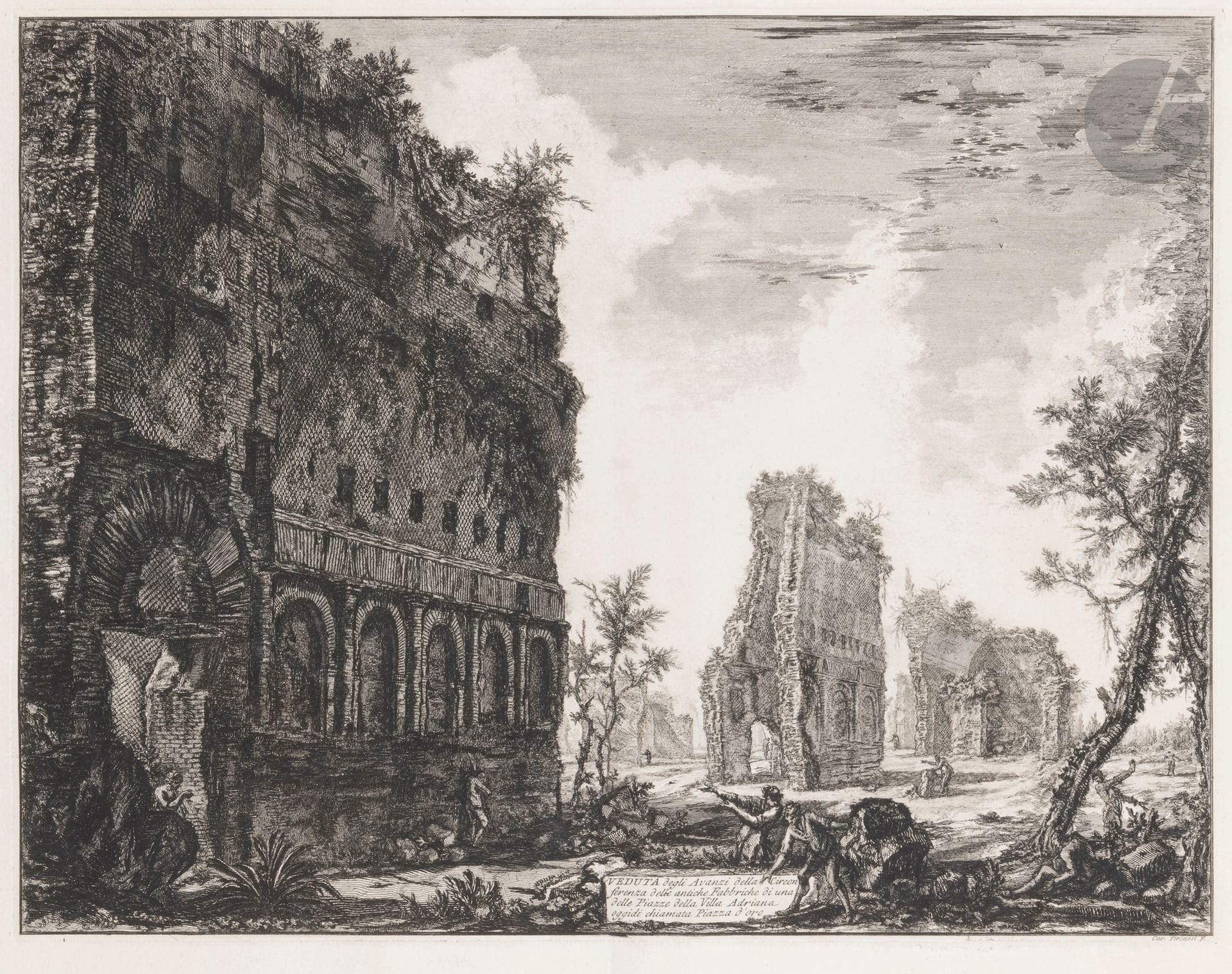 Giambattista Piranesi (1720-1778)
Veduta degli Avanzi del tablino della Circonferenza delle antiche Fabbriche… (La Villa d’Hadrien, la piazza d’Oro). 1776. Eau-forte et burin. 623 x 470. Hind 132. Très belle épreuve sur vergé fort, du 1er état (sur 4), avant les numéros. Pli vertical médian normal. Onglet de montage le long du bord droit au verso. Toutes marges. Tirage romain.